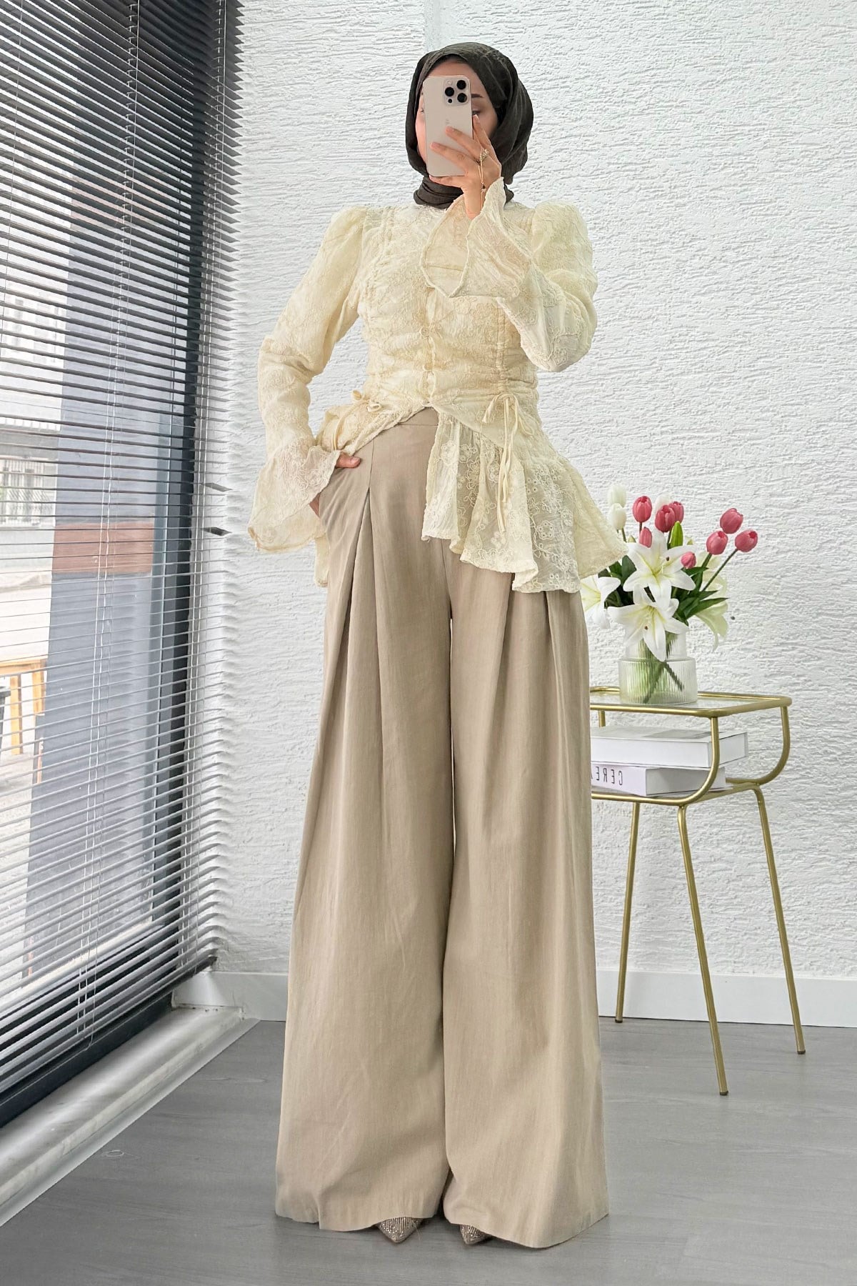 Premium Örgü Kemerli Palazzo Keten Pantolon - Vizon