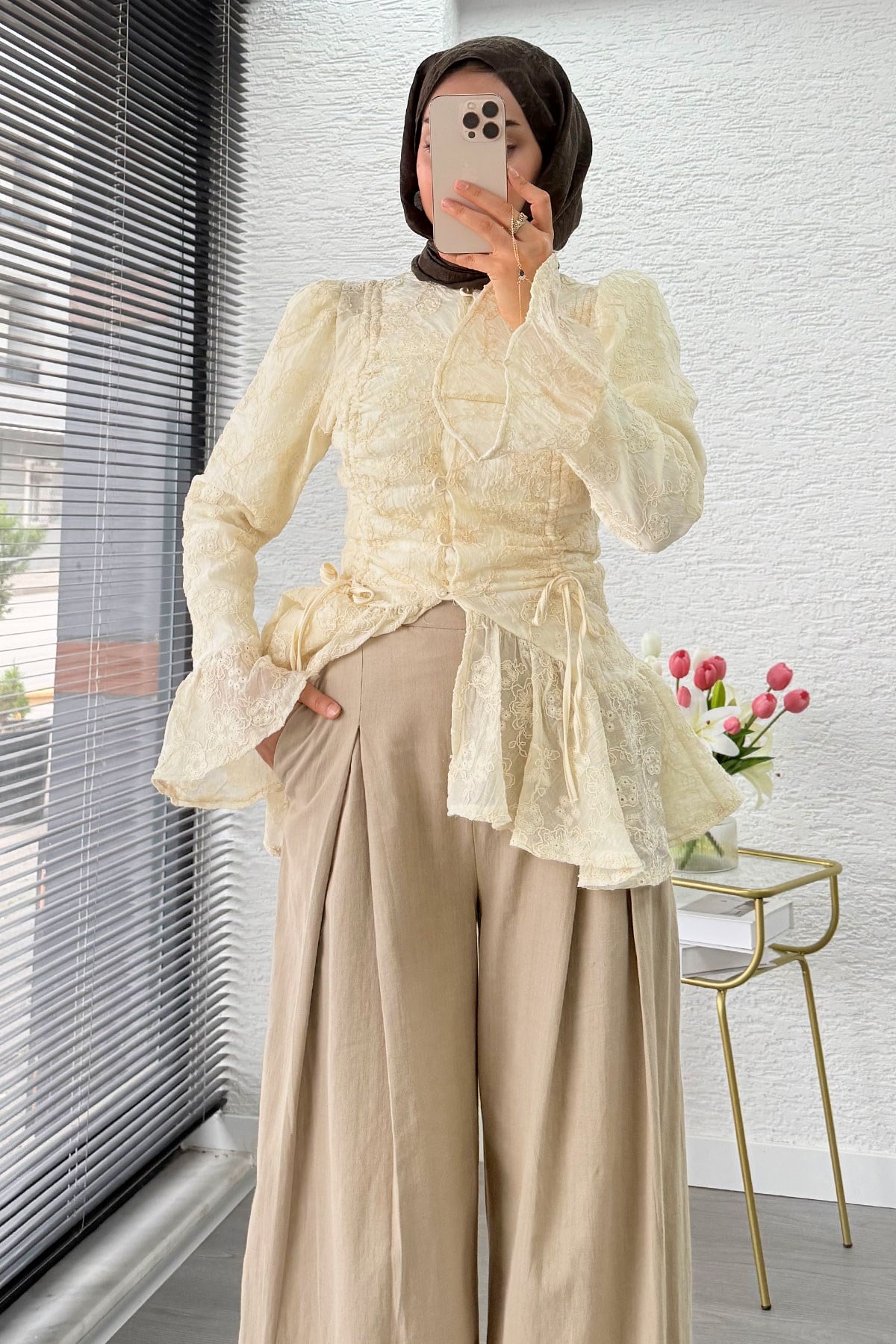 Premium Örgü Kemerli Palazzo Keten Pantolon - Vizon