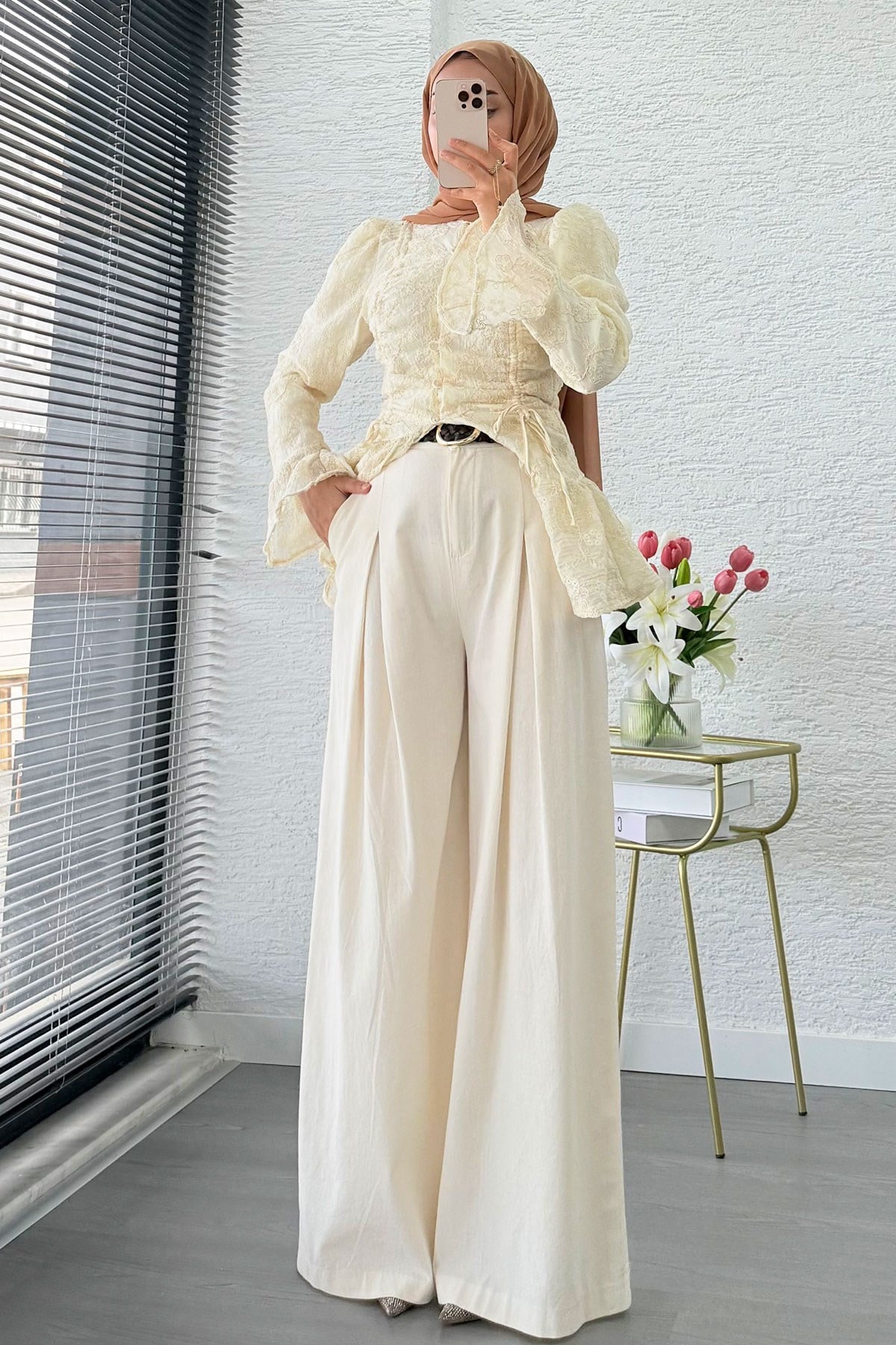 Premium Örgü Kemerli Palazzo Keten Pantolon - Natural