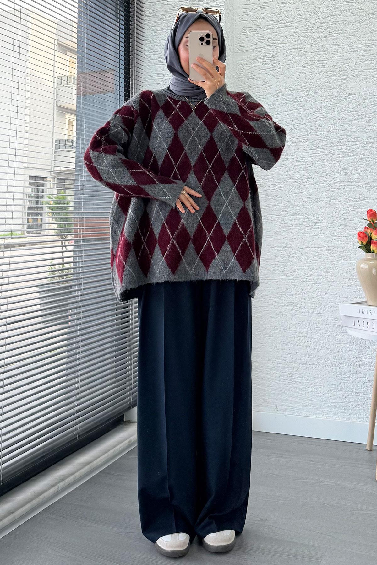 Premium Oversize Baklava Desen Kadın Triko Kazak – Bordo