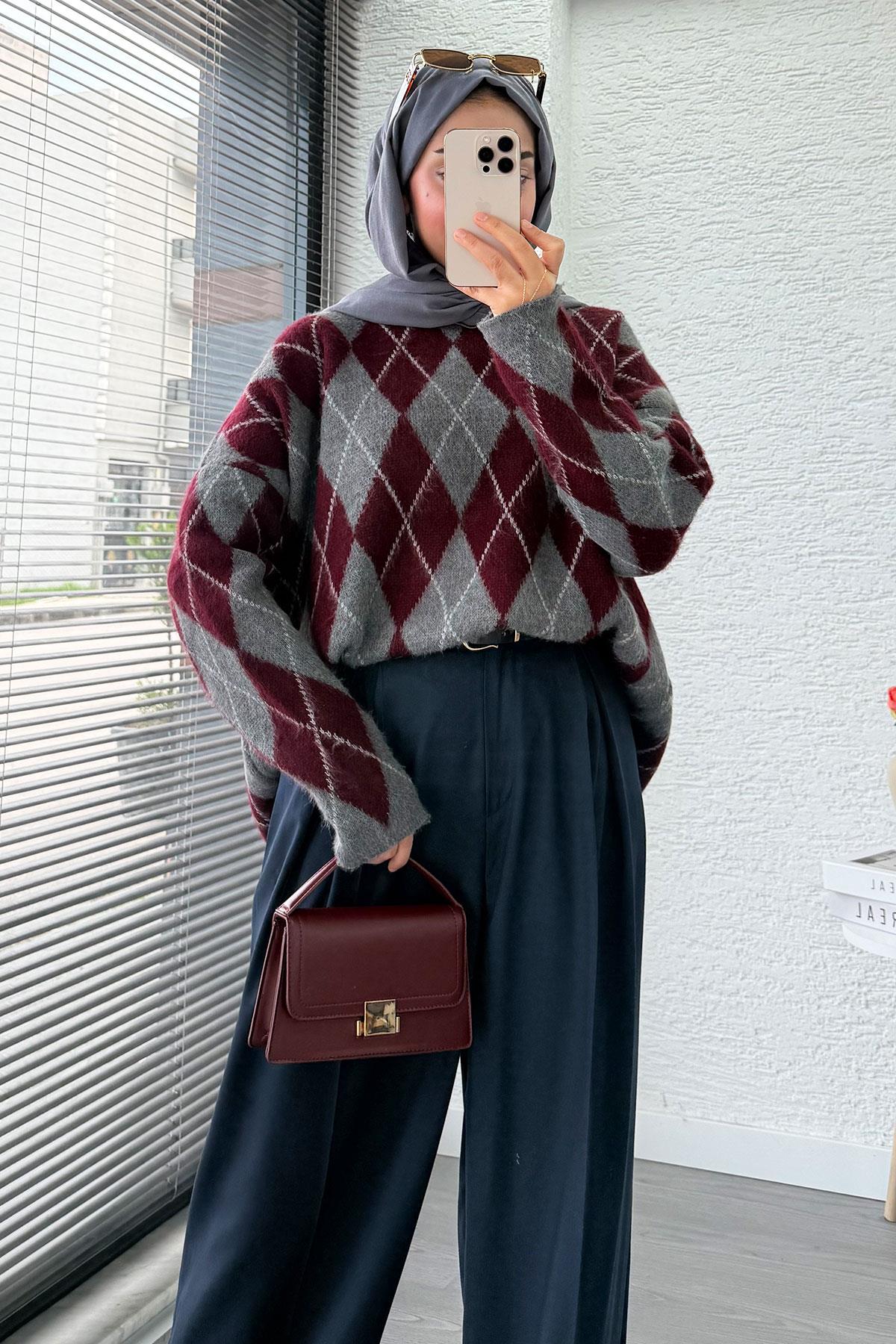 Premium Oversize Baklava Desen Kadın Triko Kazak – Bordo