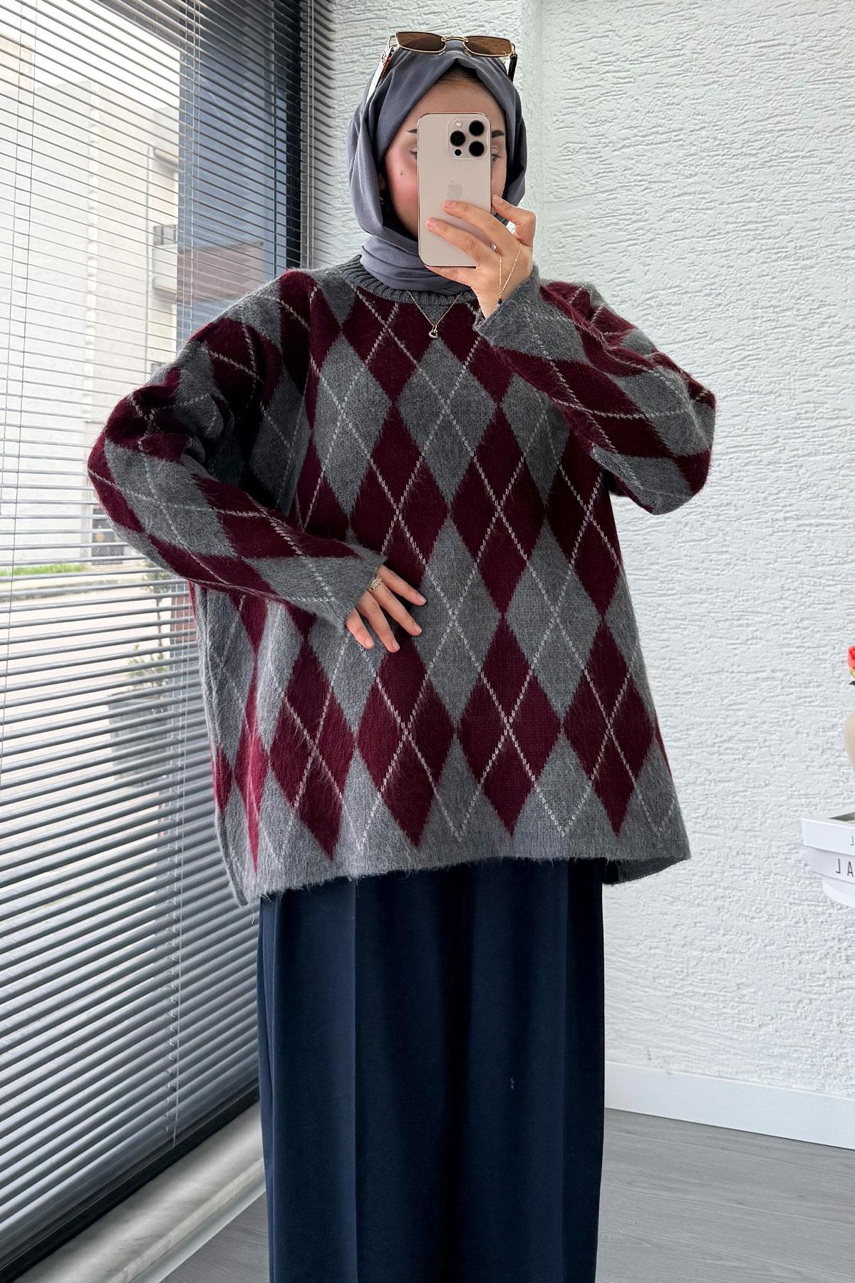 Premium Oversize Baklava Desen Kadın Triko Kazak – Bordo
