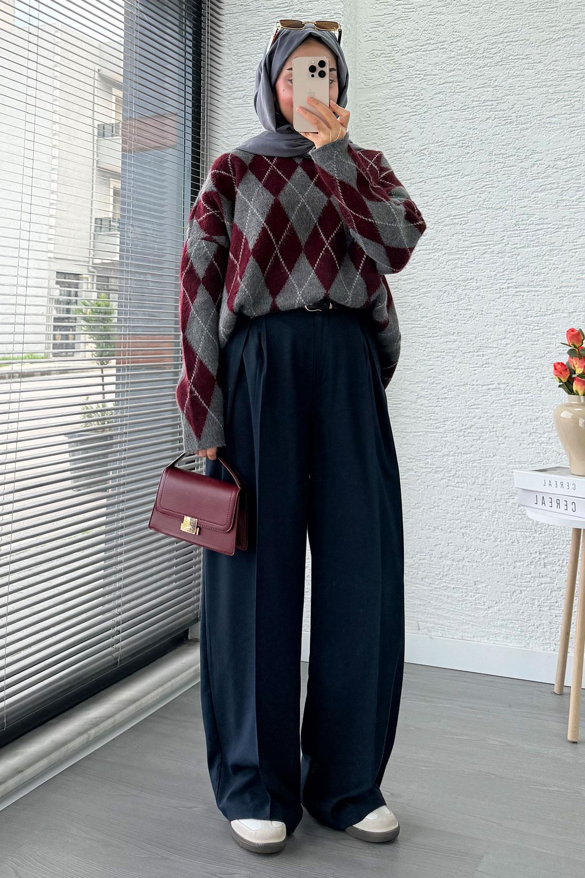 Premium Oversize Baklava Desen Kadın Triko Kazak – Bordo