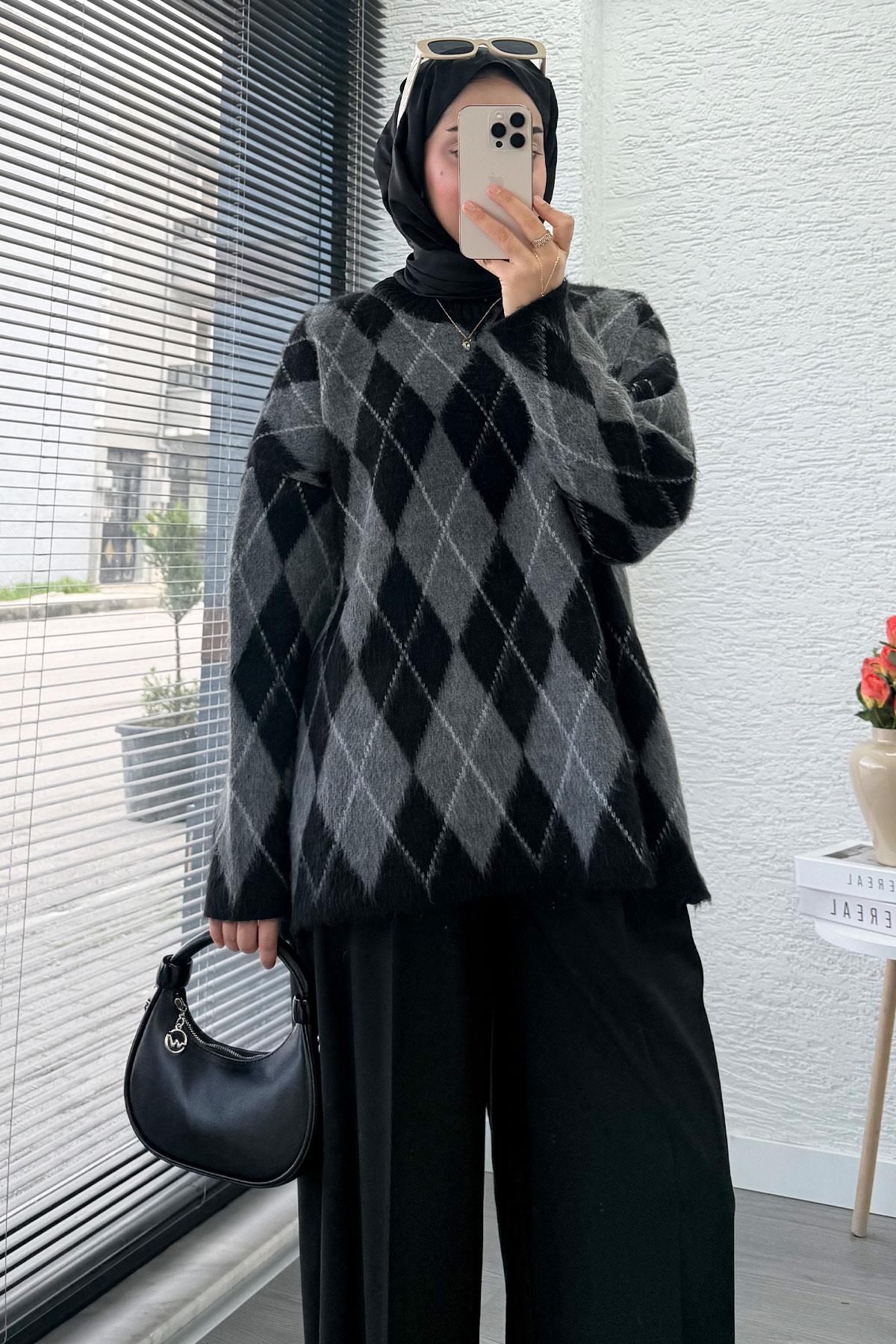 Premium Oversize Baklava Desen Kadın Triko Kazak – Siyah