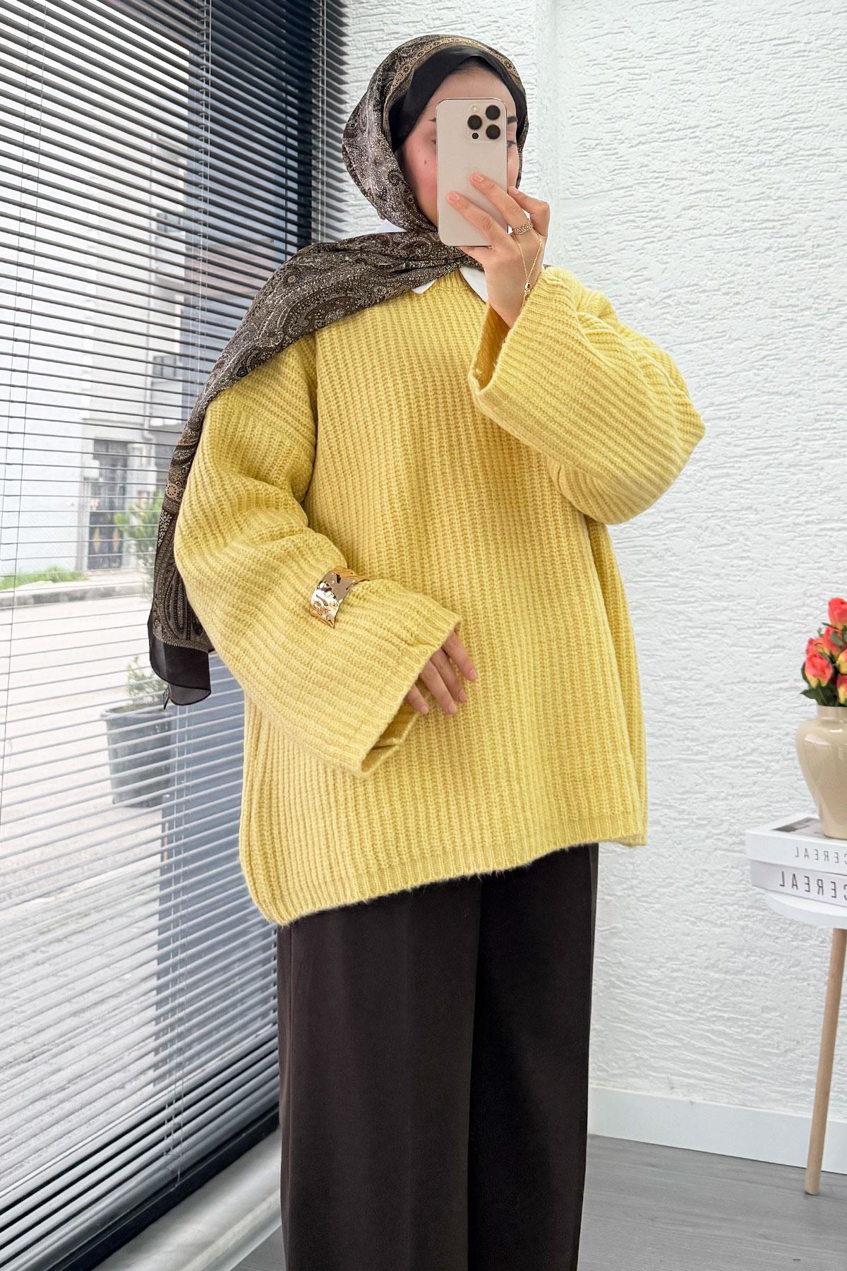 Premium Oversize Basic Kadın Triko Kazak – Sarı