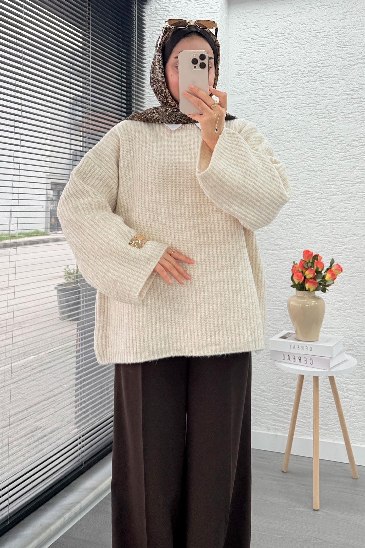 Premium Oversize Basic Kadın Triko Kazak – Krem
