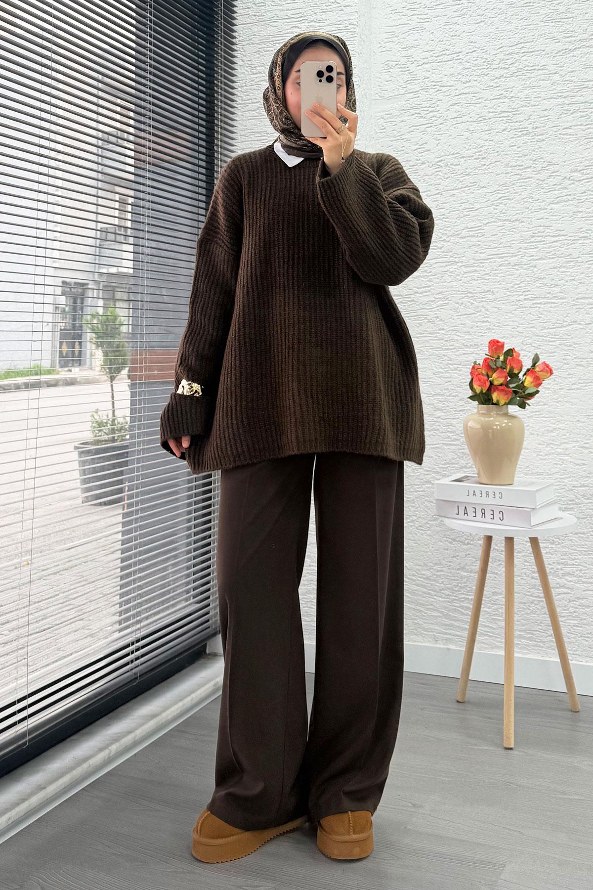 Premium Oversize Basic Kadın Triko Kazak – Kahverengi