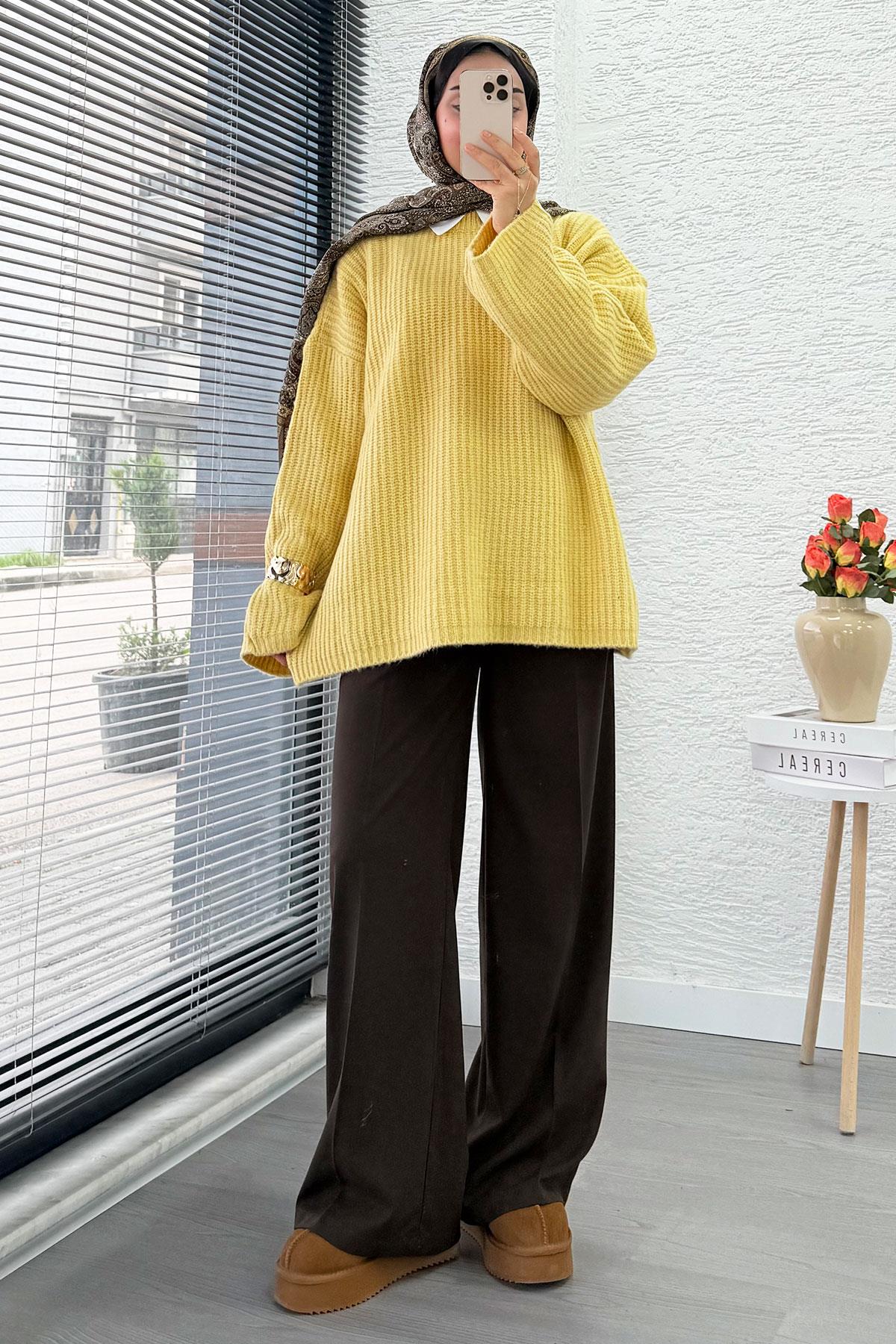 Premium Oversize Basic Kadın Triko Kazak – Sarı