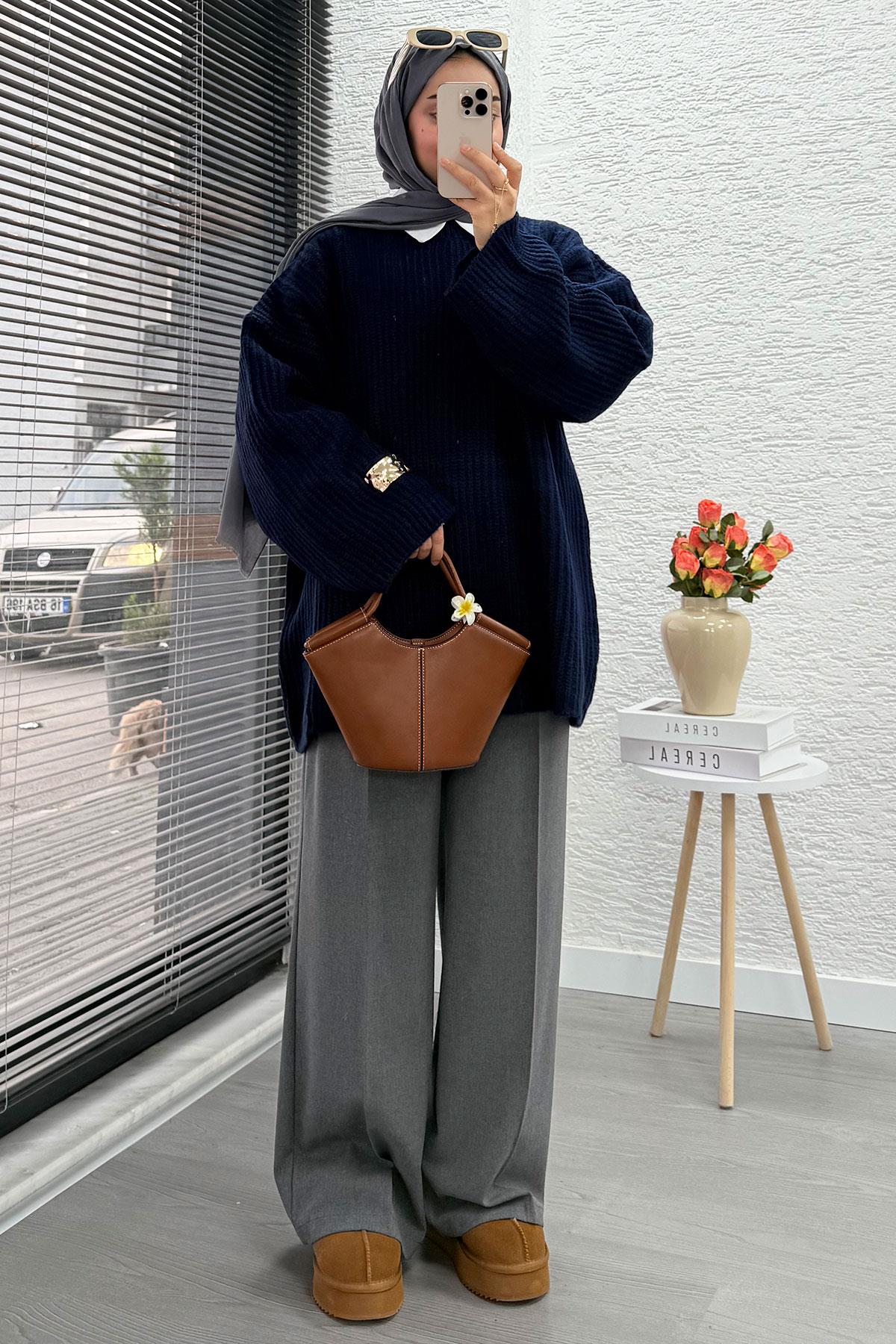 Premium Oversize Basic Kadın Triko Kazak – Lacivert
