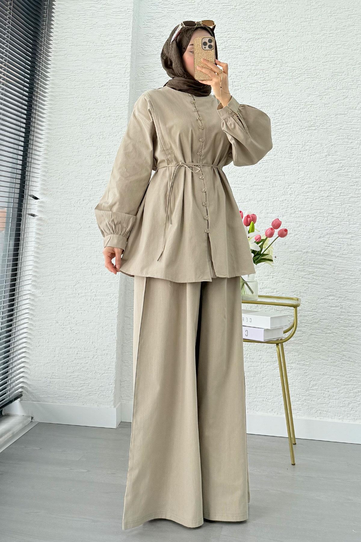 Premium Oversize Birit Düğmeli Keten Takım - Çağla
