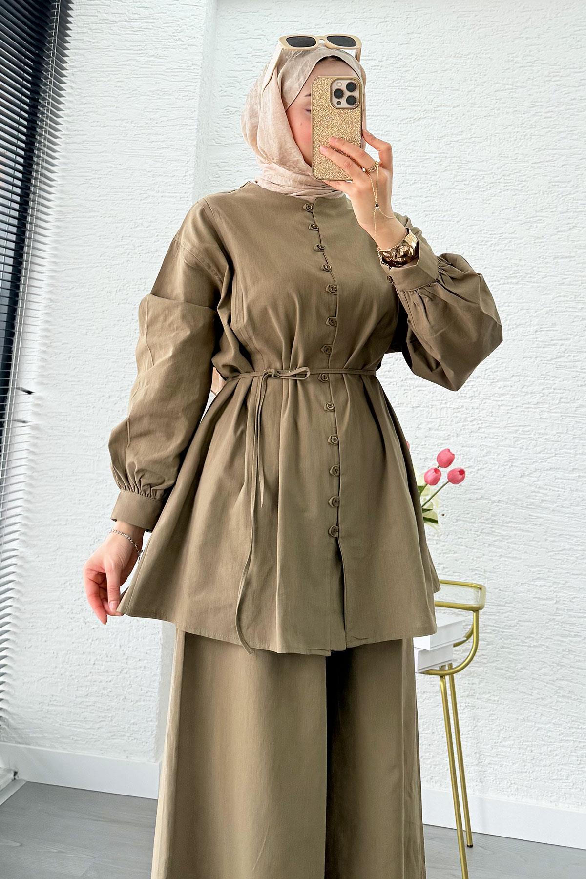 Premium Oversize Birit Düğmeli Keten Takım - Haki 