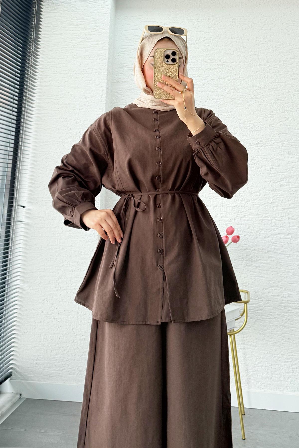 Premium Oversize Birit Düğmeli Keten Takım - Kahverengi