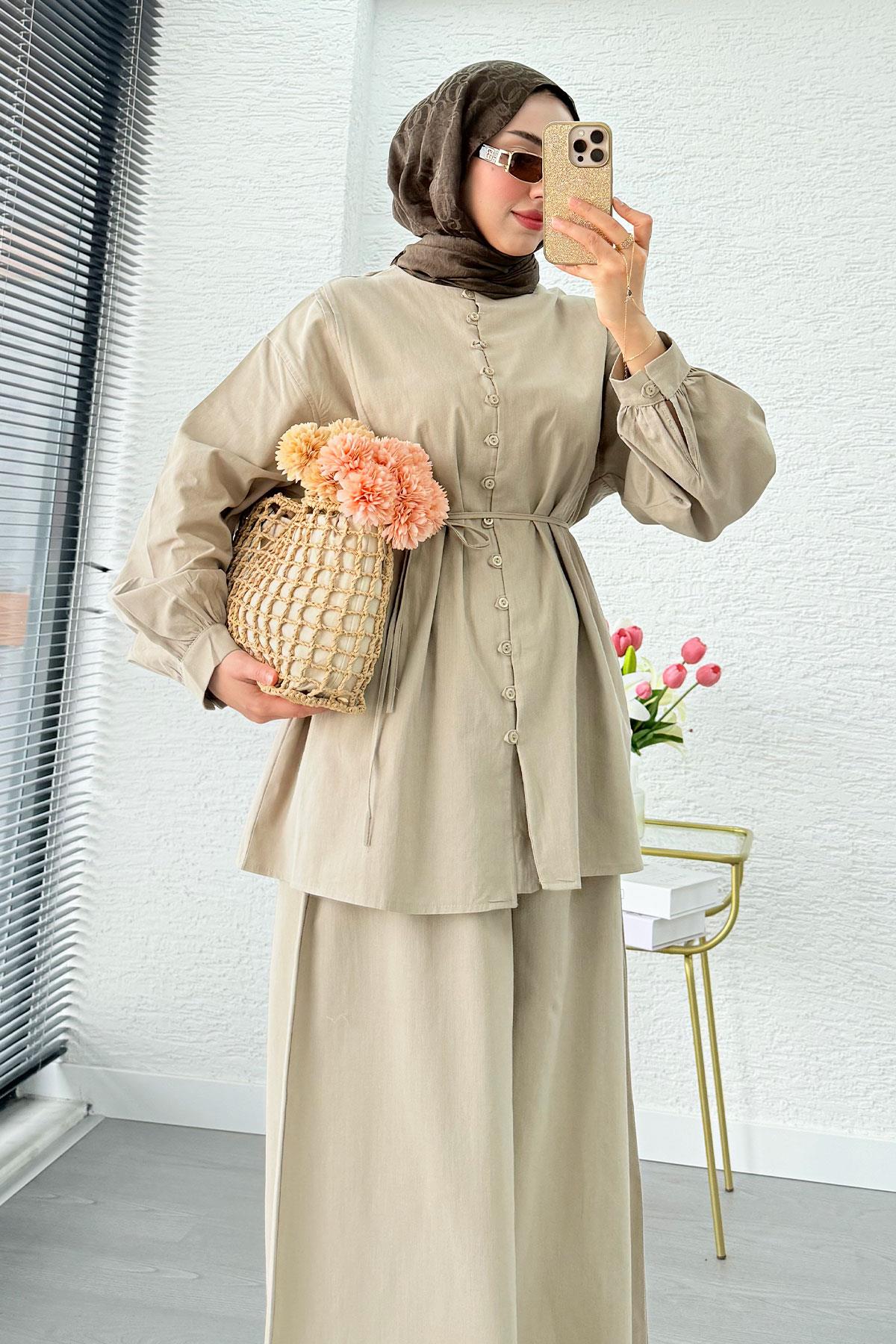 Premium Oversize Birit Düğmeli Keten Takım - Çağla