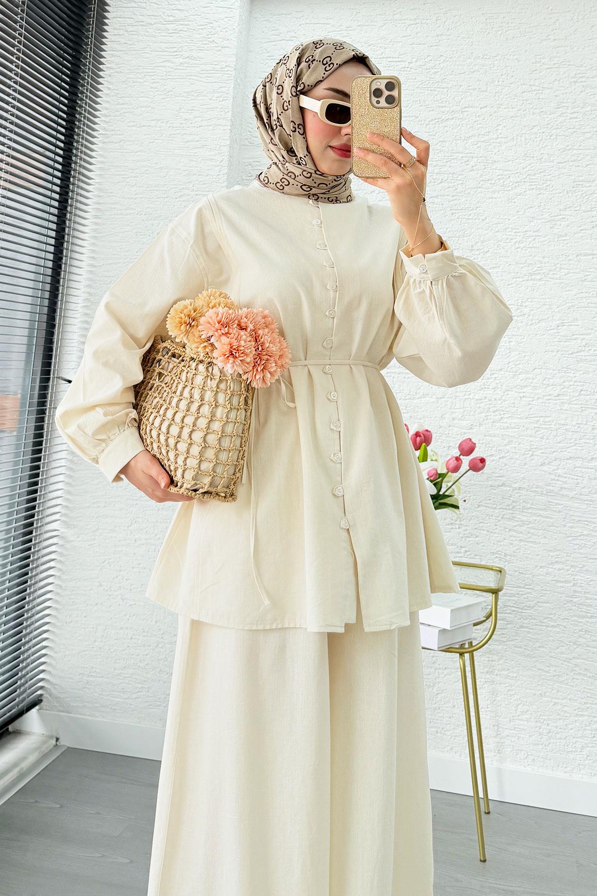 Premium Oversize Birit Düğmeli Keten Takım - Bej