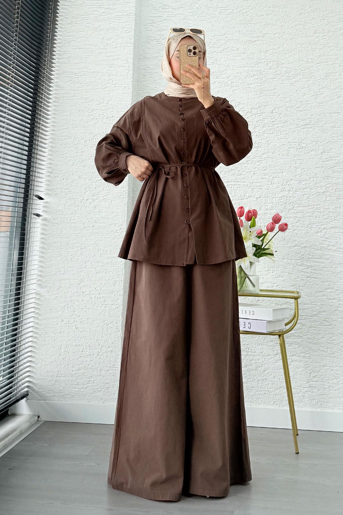 Premium Oversize Birit Düğmeli Keten Takım - Kahverengi