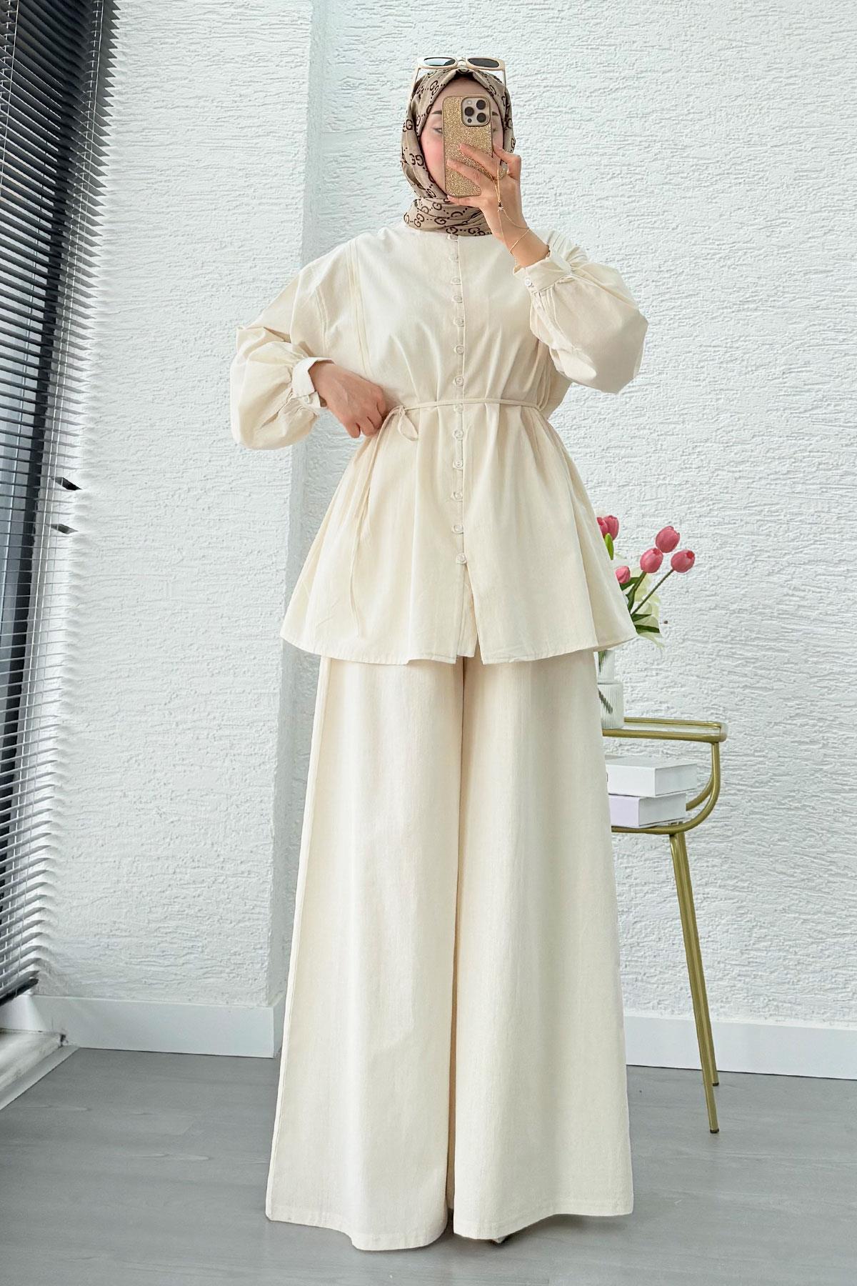 Premium Oversize Birit Düğmeli Keten Takım - Bej
