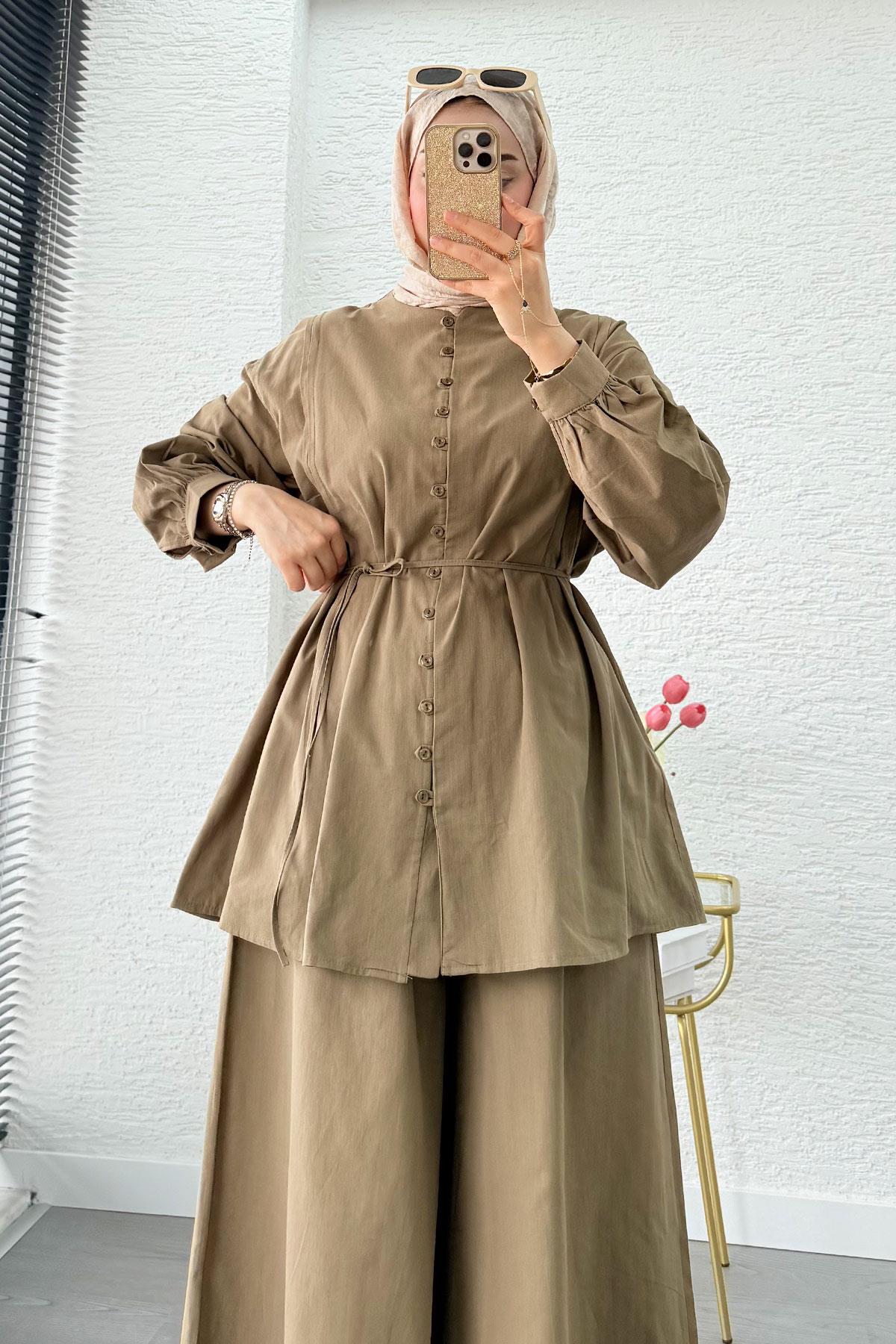 Premium Oversize Birit Düğmeli Keten Takım - Haki 