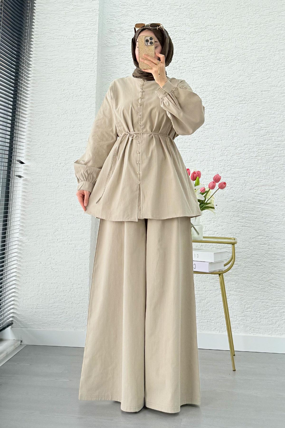 Premium Oversize Birit Düğmeli Keten Takım - Çağla