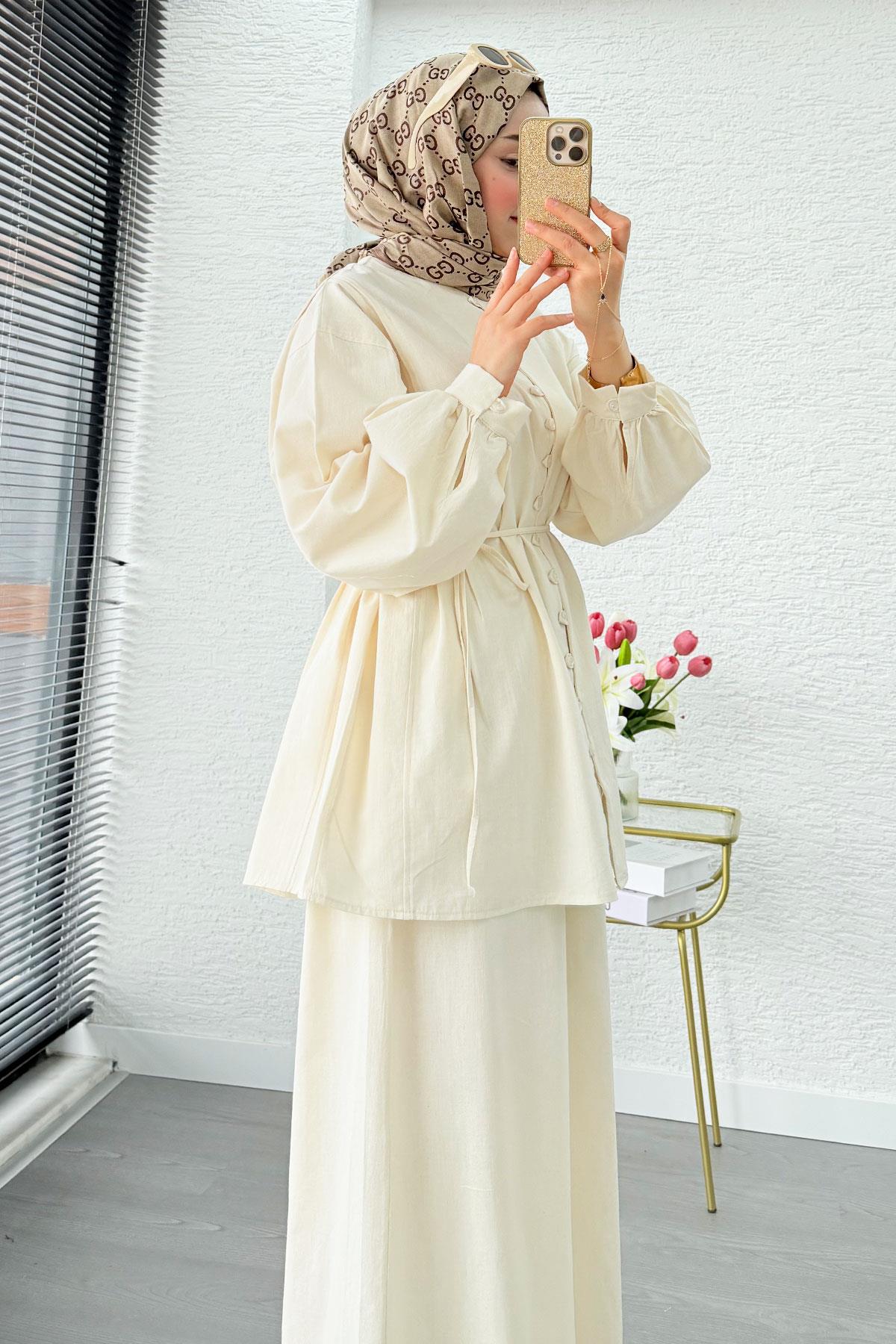 Premium Oversize Birit Düğmeli Keten Takım - Bej