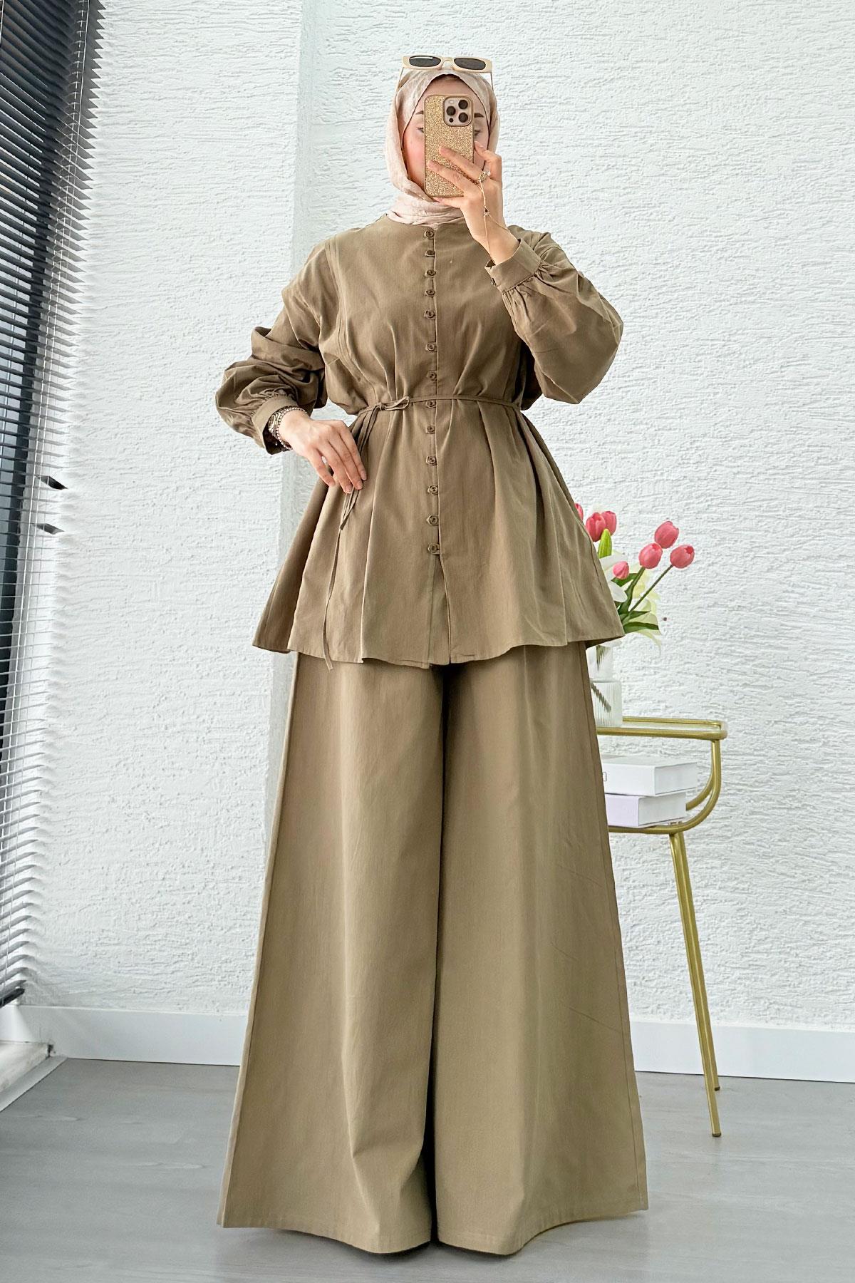 Premium Oversize Birit Düğmeli Keten Takım - Haki 