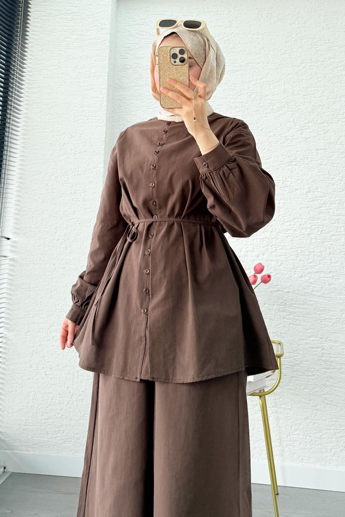 Premium Oversize Birit Düğmeli Keten Takım - Kahverengi
