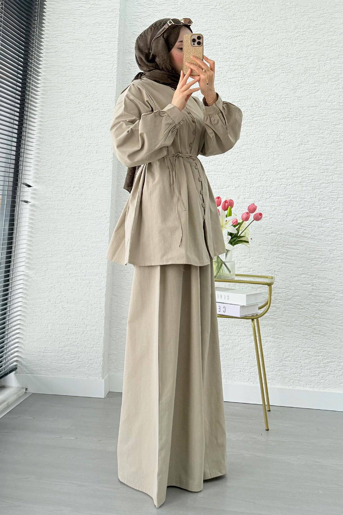 Premium Oversize Birit Düğmeli Keten Takım - Çağla