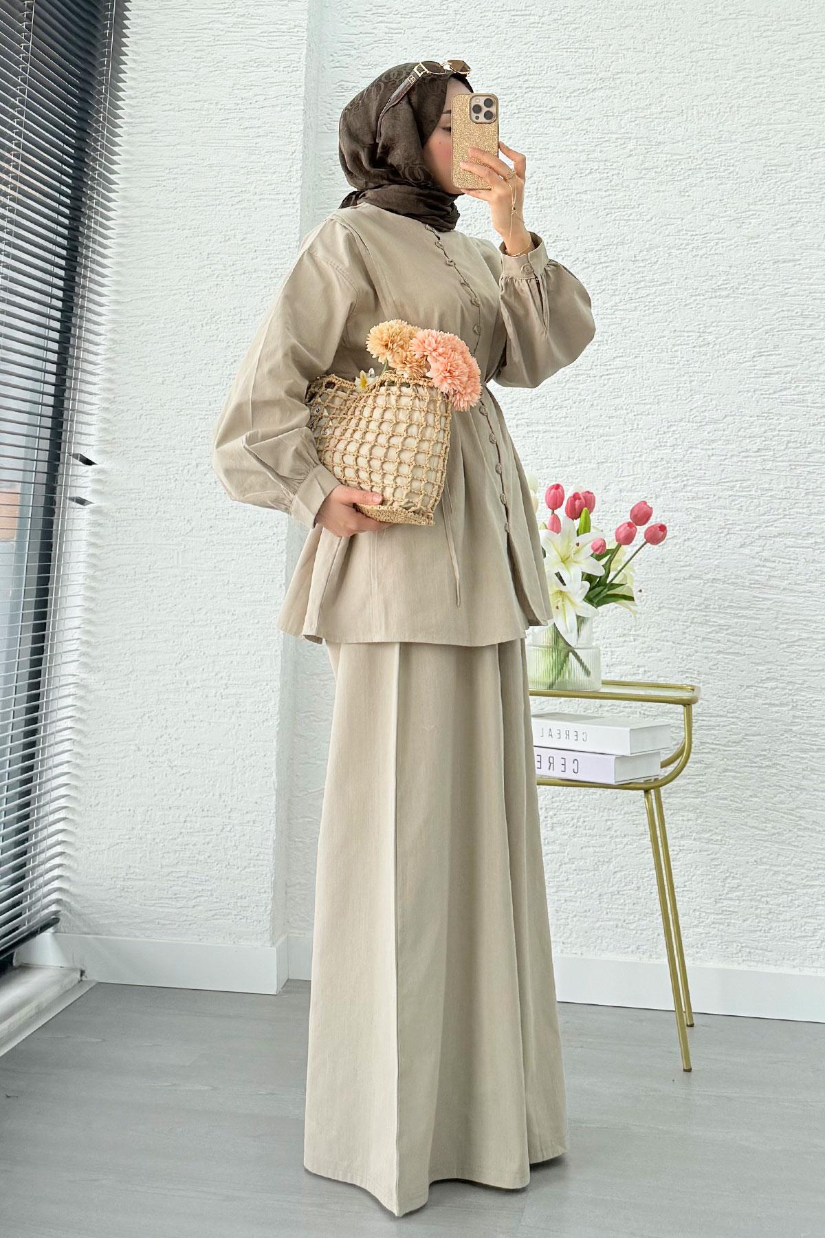 Premium Oversize Birit Düğmeli Keten Takım - Çağla