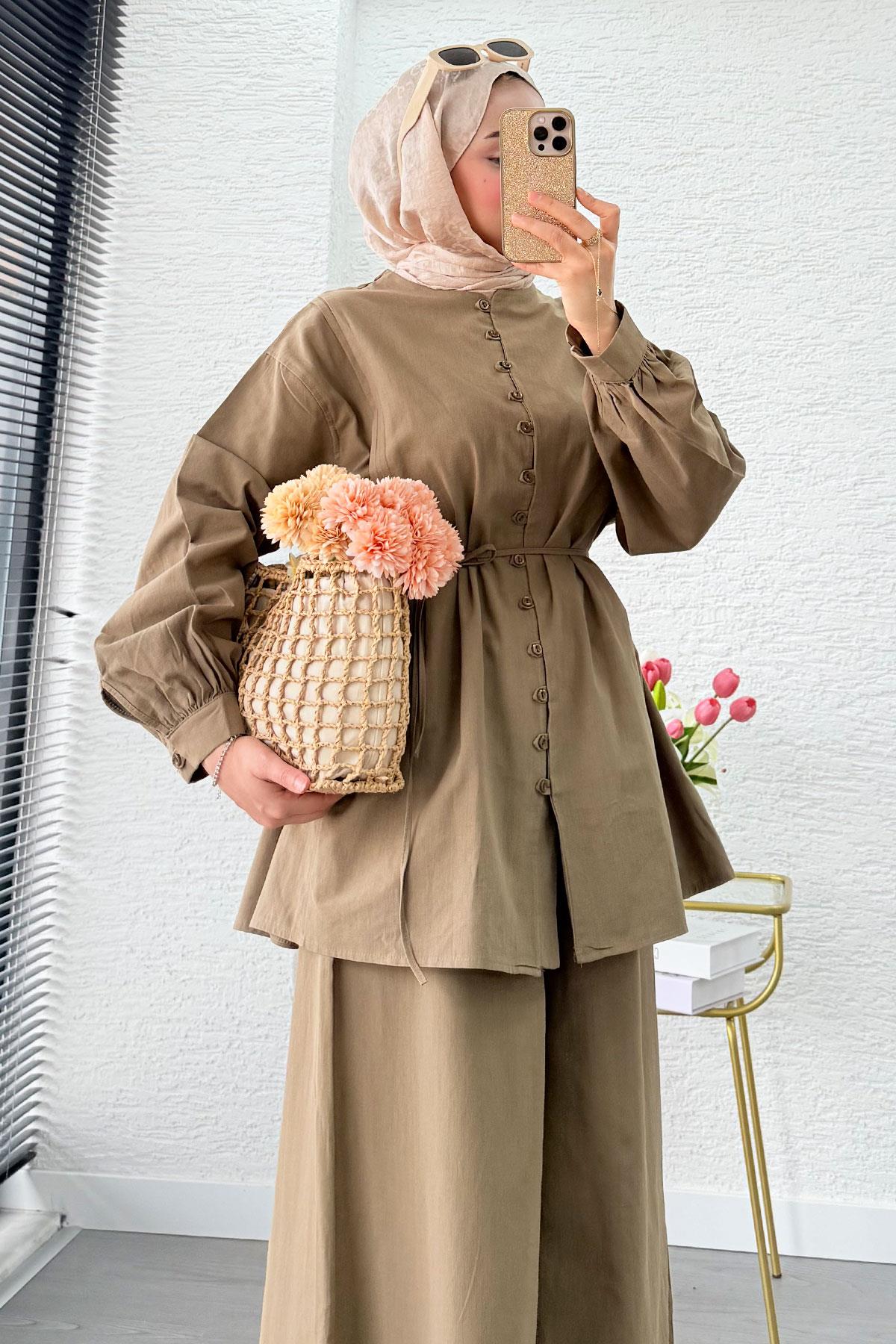 Premium Oversize Birit Düğmeli Keten Takım - Haki 