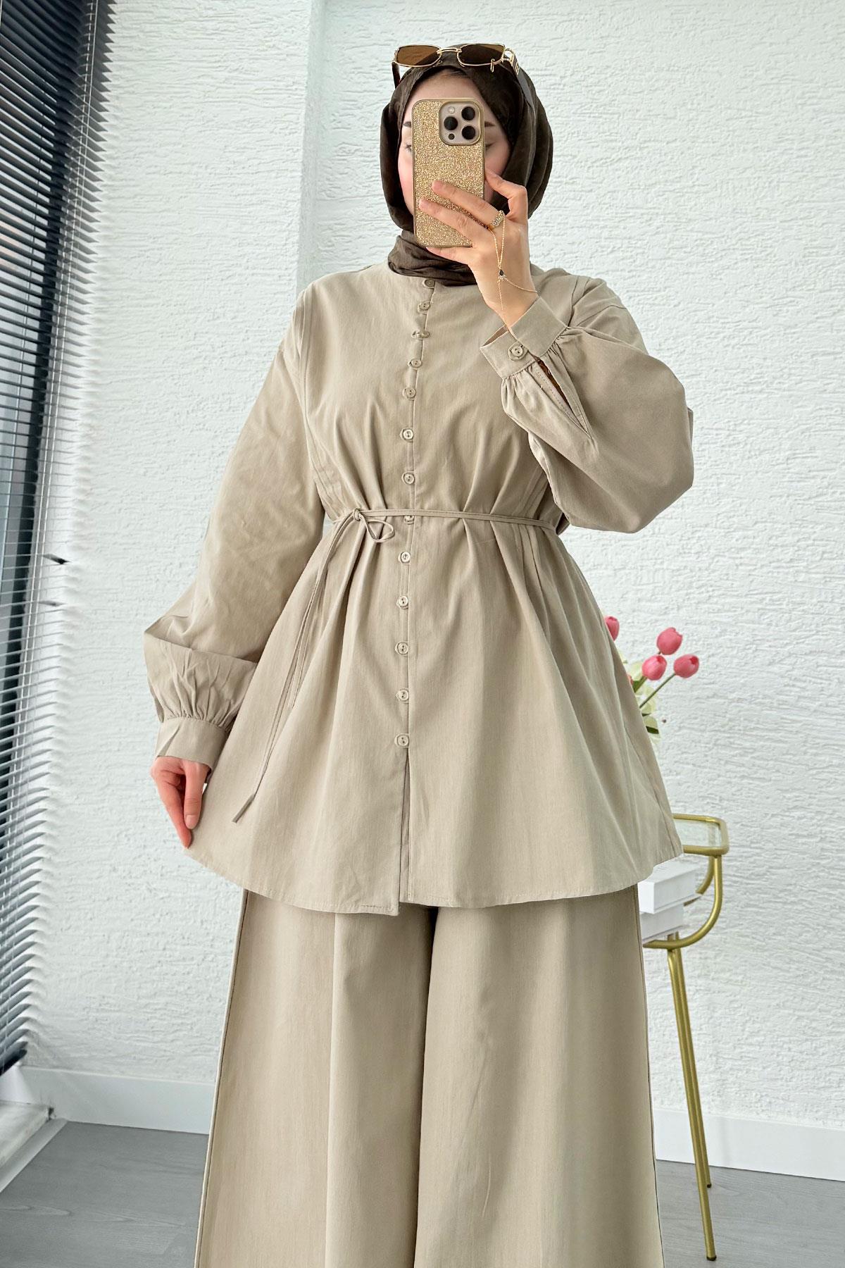 Premium Oversize Birit Düğmeli Keten Takım - Çağla
