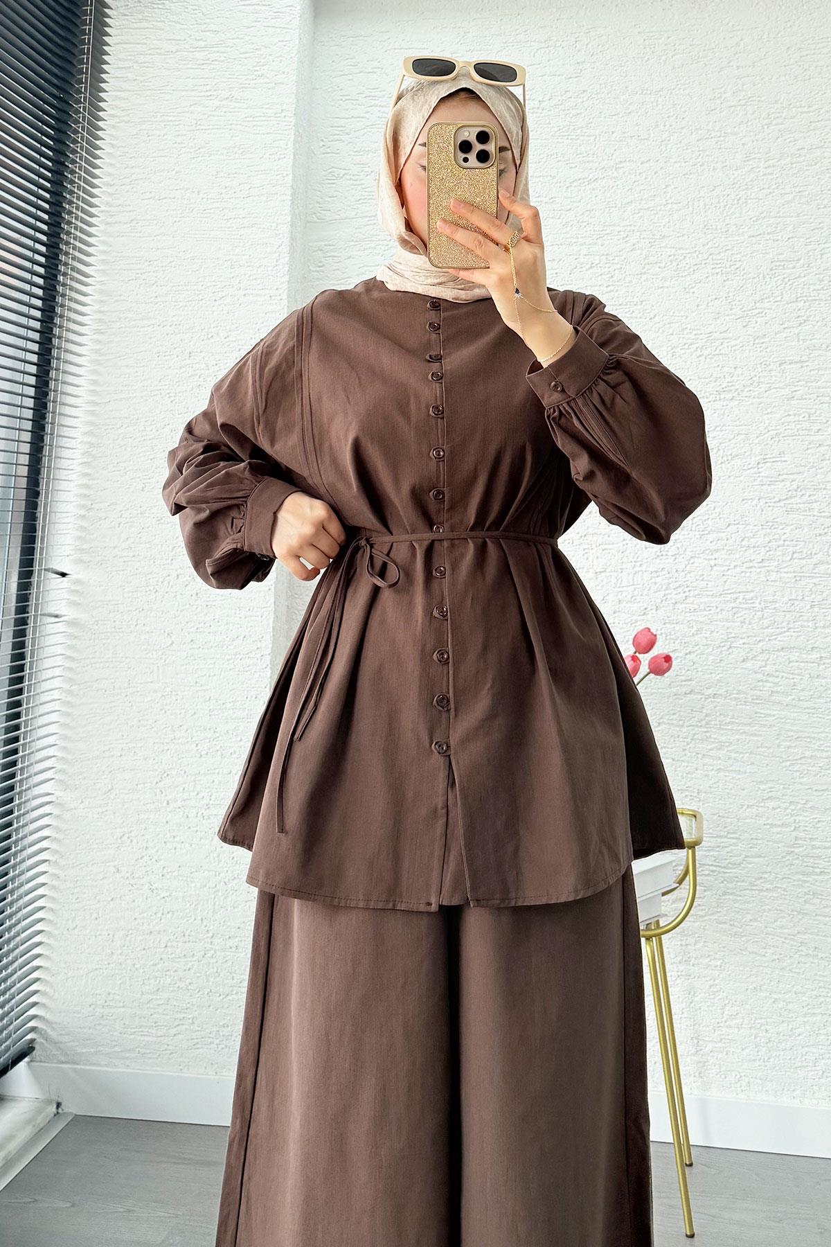 Premium Oversize Birit Düğmeli Keten Takım - Kahverengi