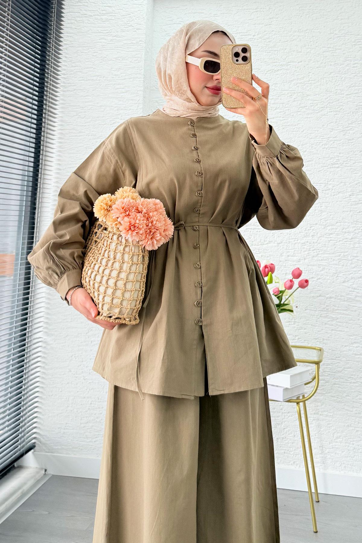 Premium Oversize Birit Düğmeli Keten Takım - Haki 
