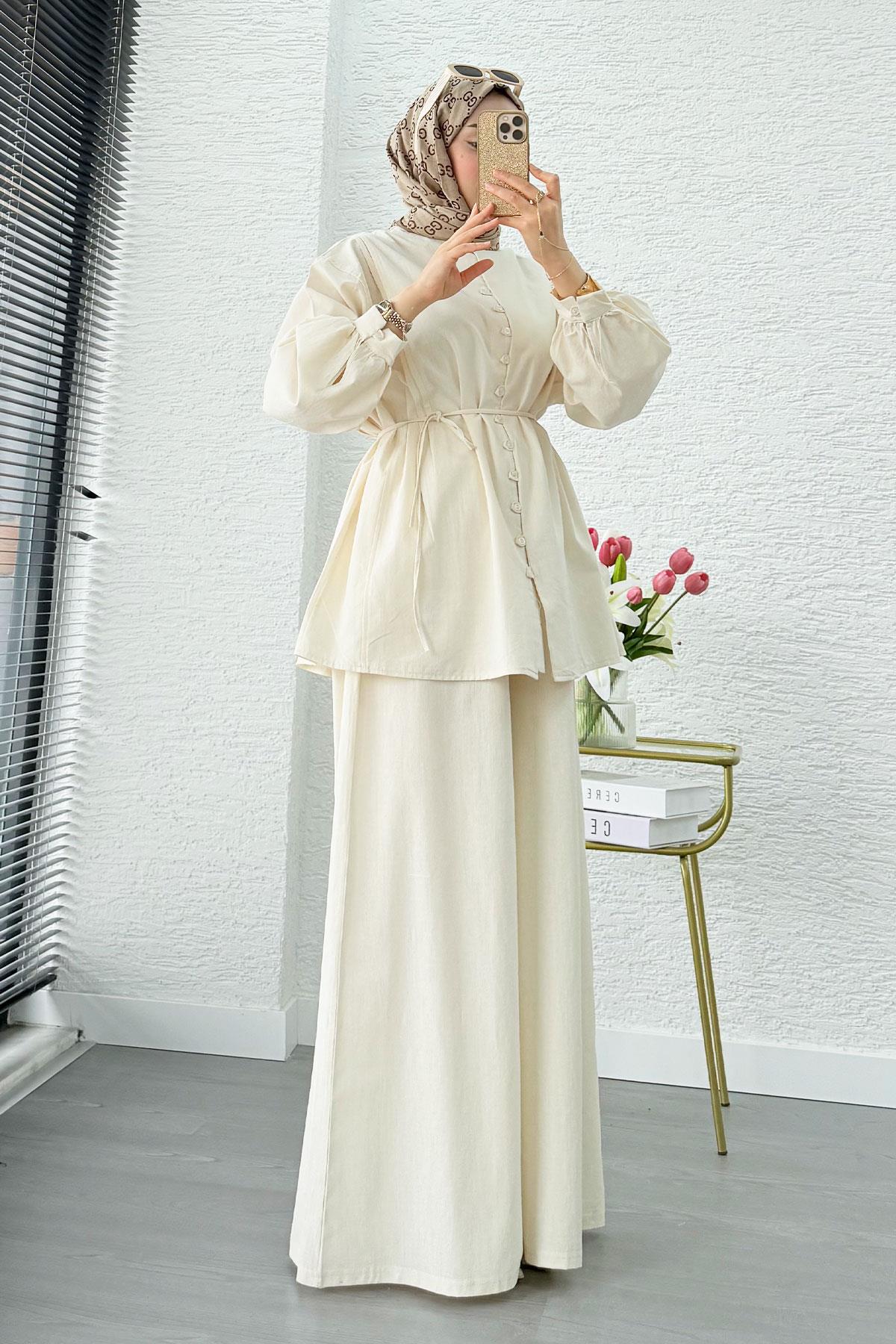 Premium Oversize Birit Düğmeli Keten Takım - Bej