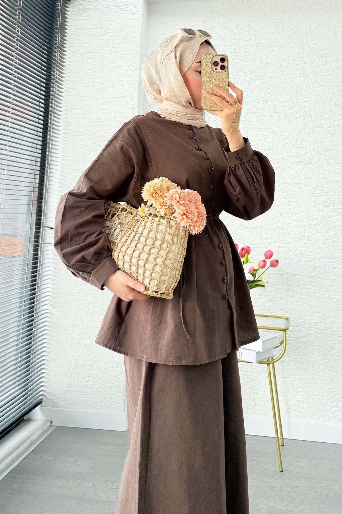 Premium Oversize Birit Düğmeli Keten Takım - Kahverengi