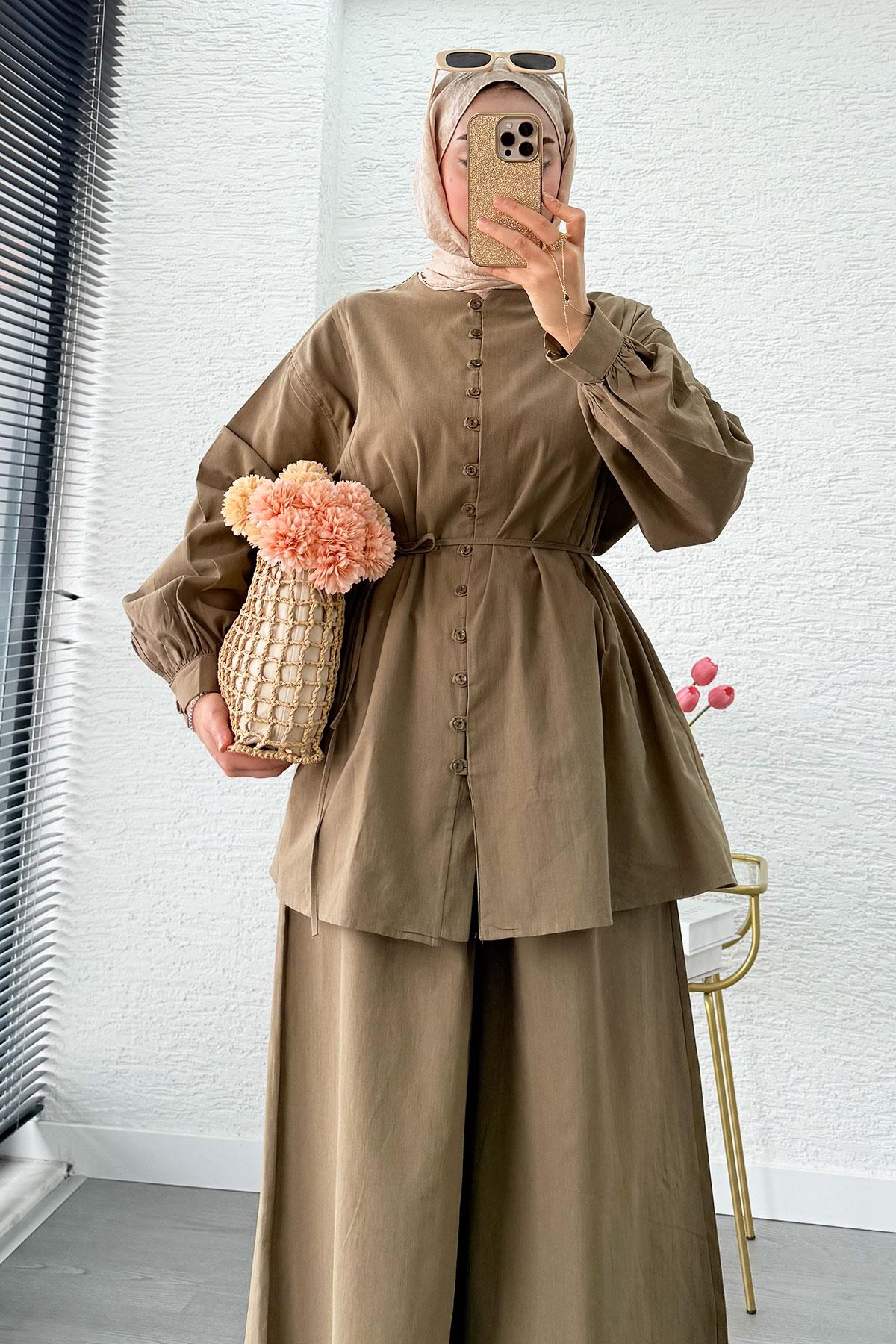 Premium Oversize Birit Düğmeli Keten Takım - Haki 