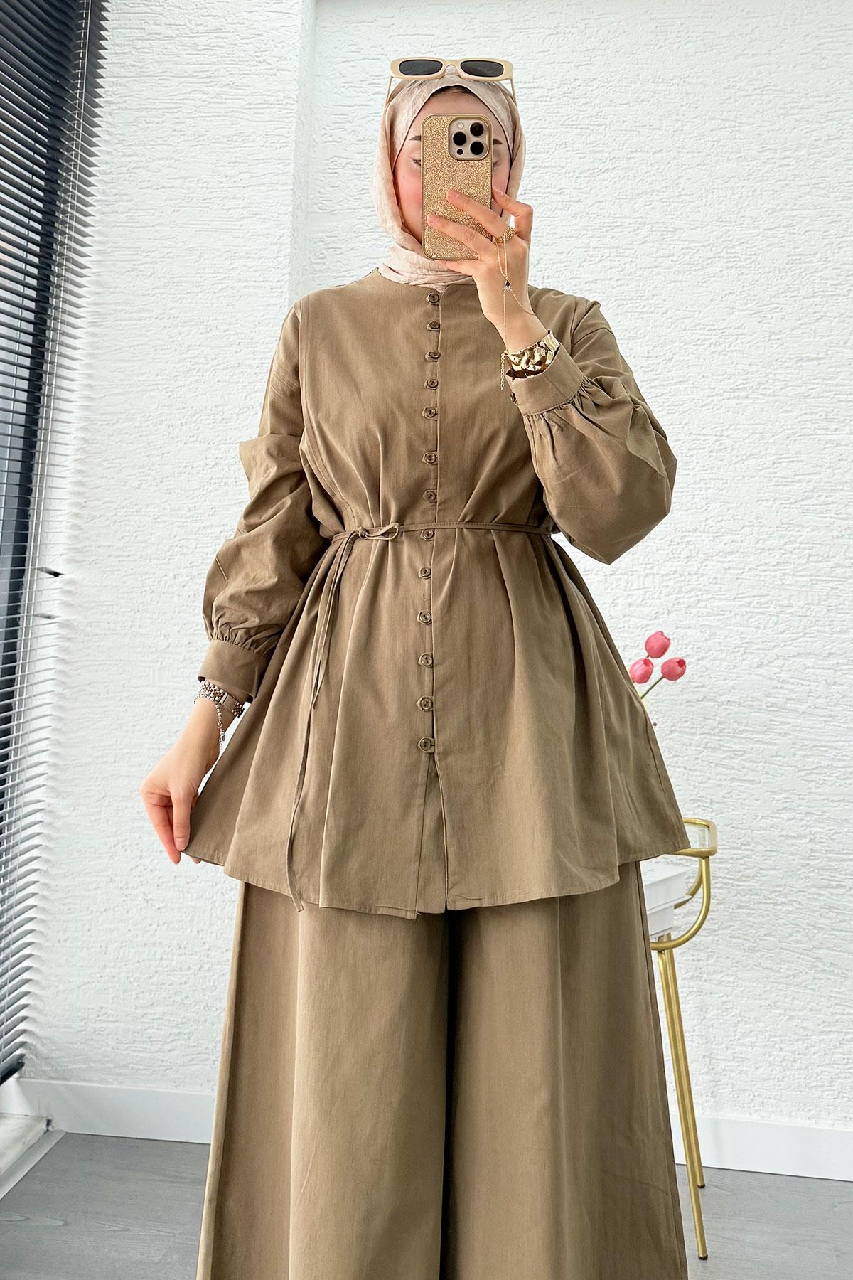 Premium Oversize Birit Düğmeli Keten Takım - Haki 