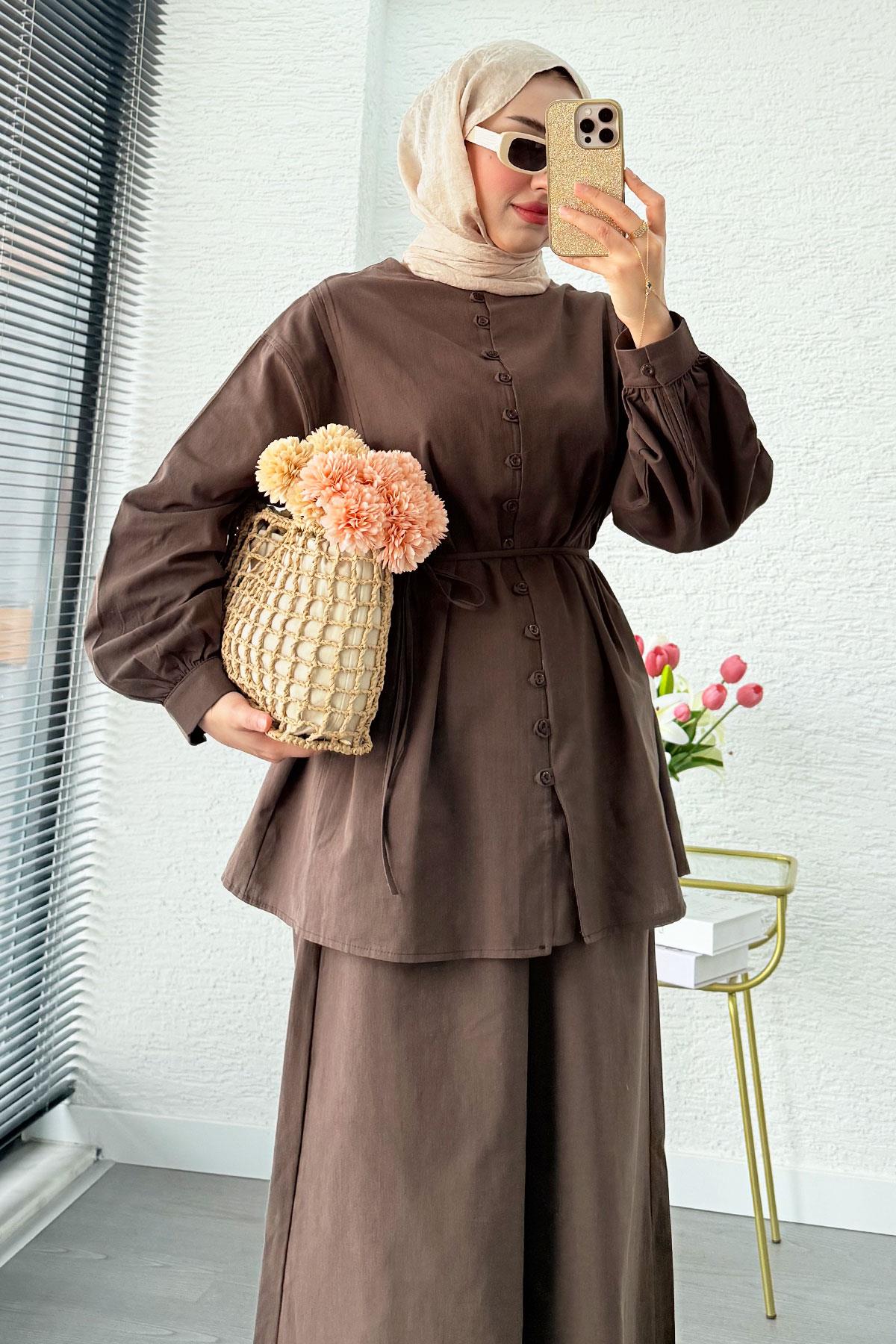 Premium Oversize Birit Düğmeli Keten Takım - Kahverengi