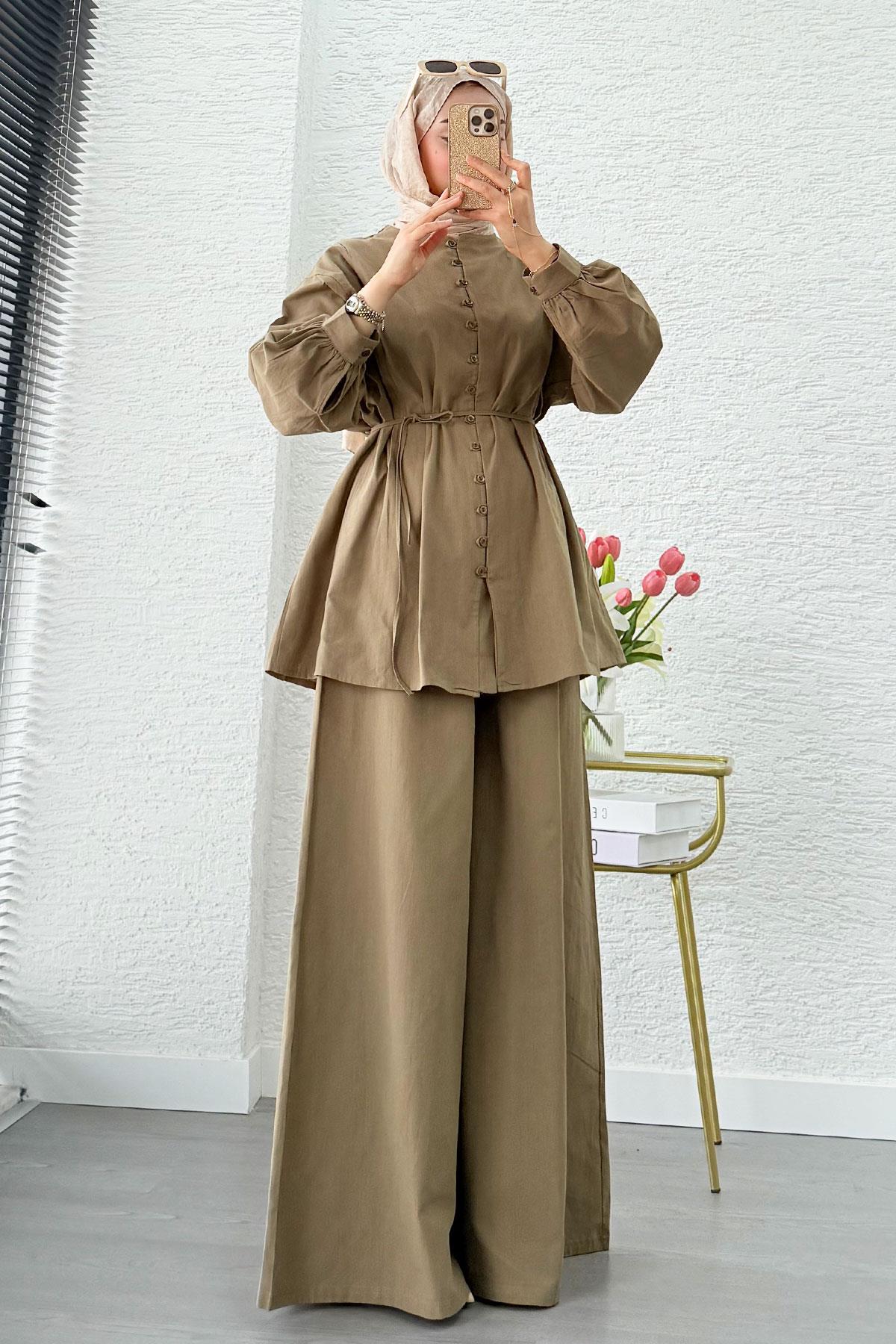 Premium Oversize Birit Düğmeli Keten Takım - Haki 