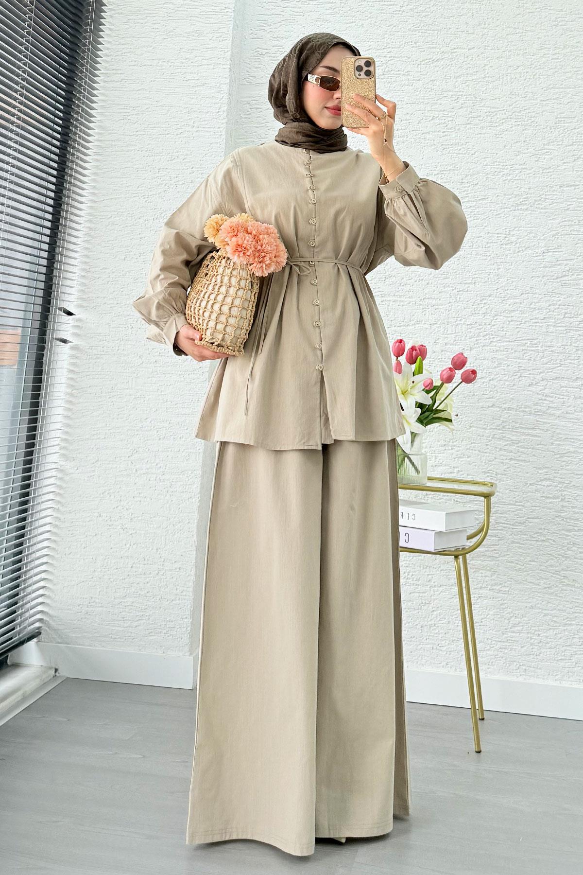 Premium Oversize Birit Düğmeli Keten Takım - Çağla