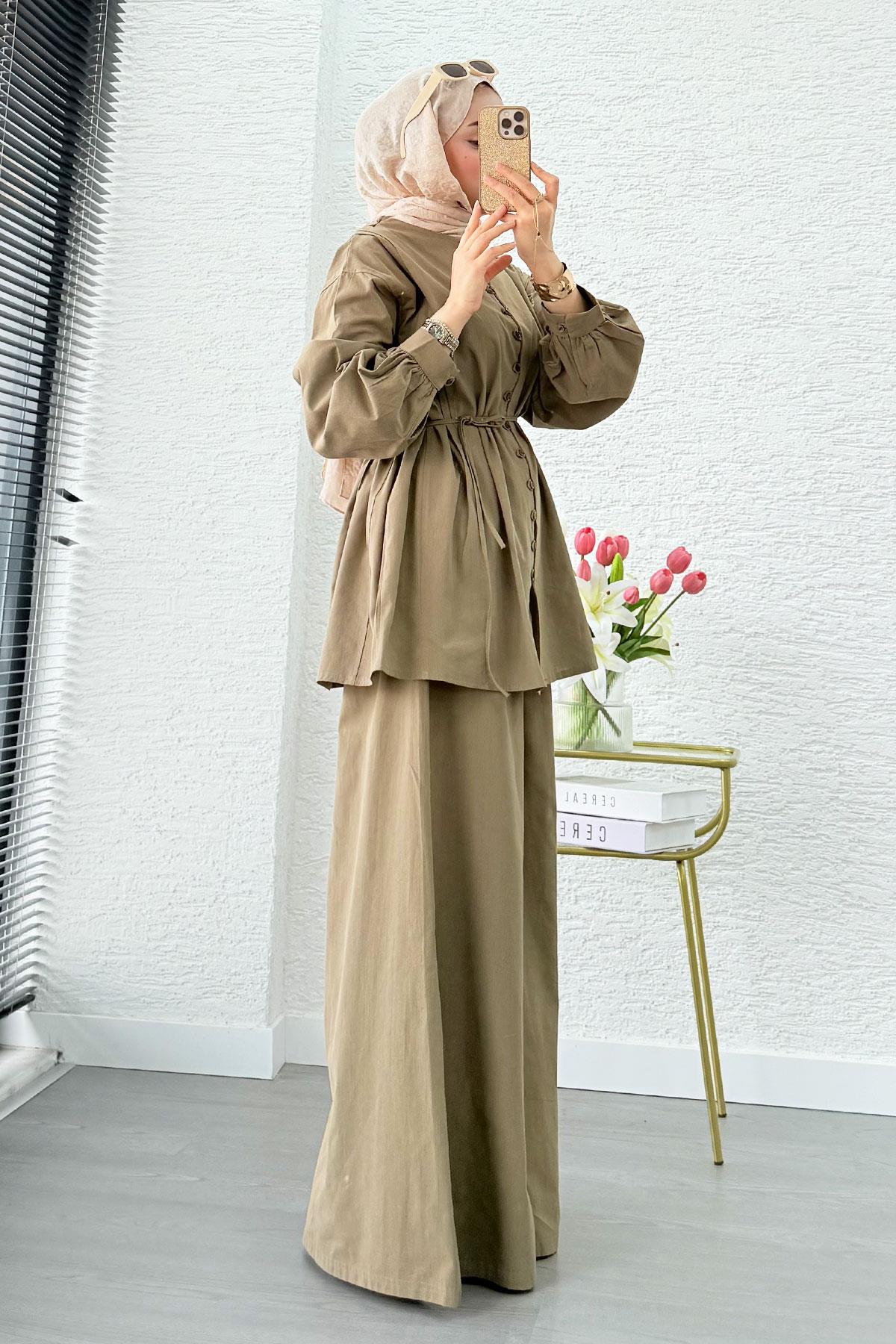 Premium Oversize Birit Düğmeli Keten Takım - Haki 