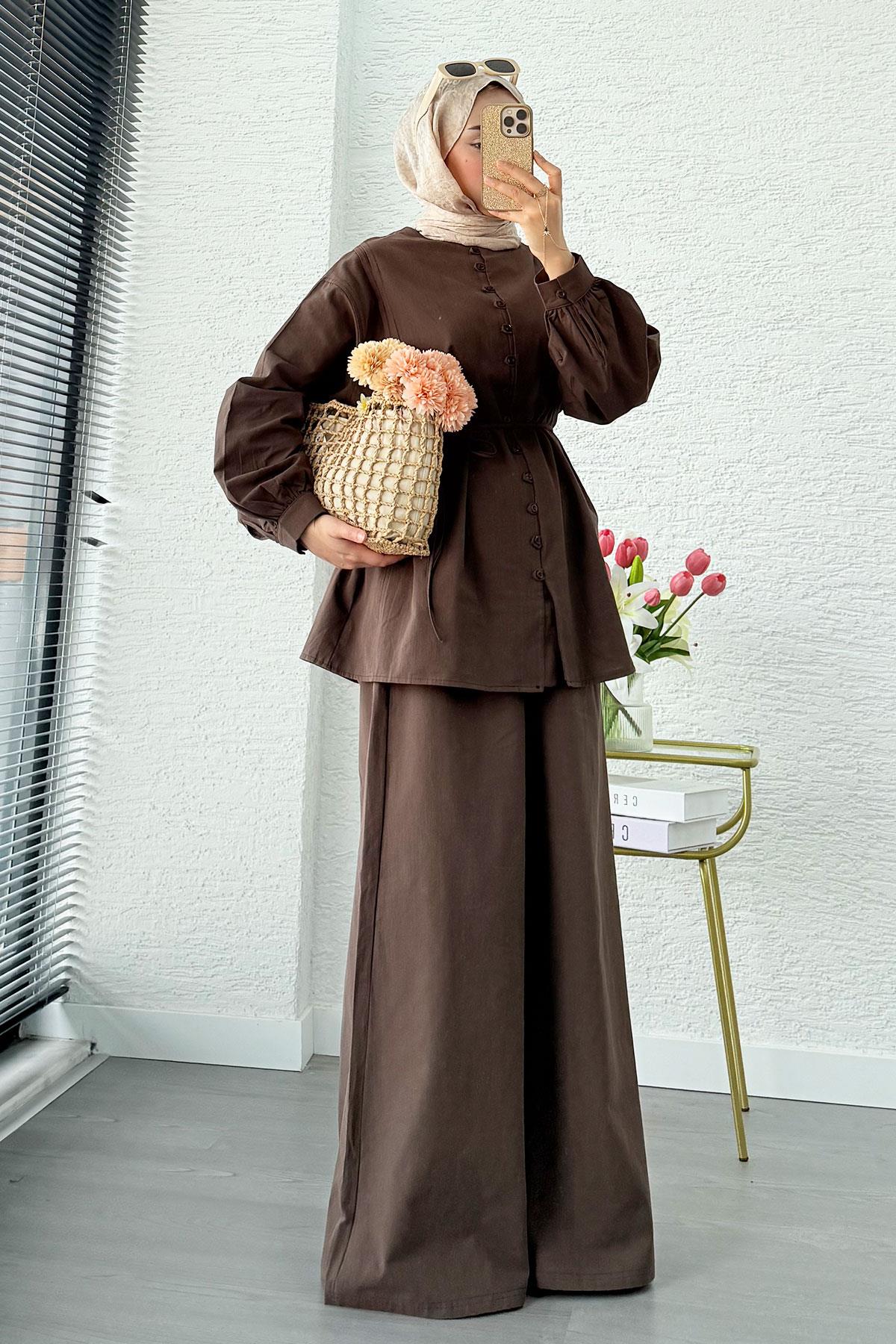 Premium Oversize Birit Düğmeli Keten Takım - Kahverengi