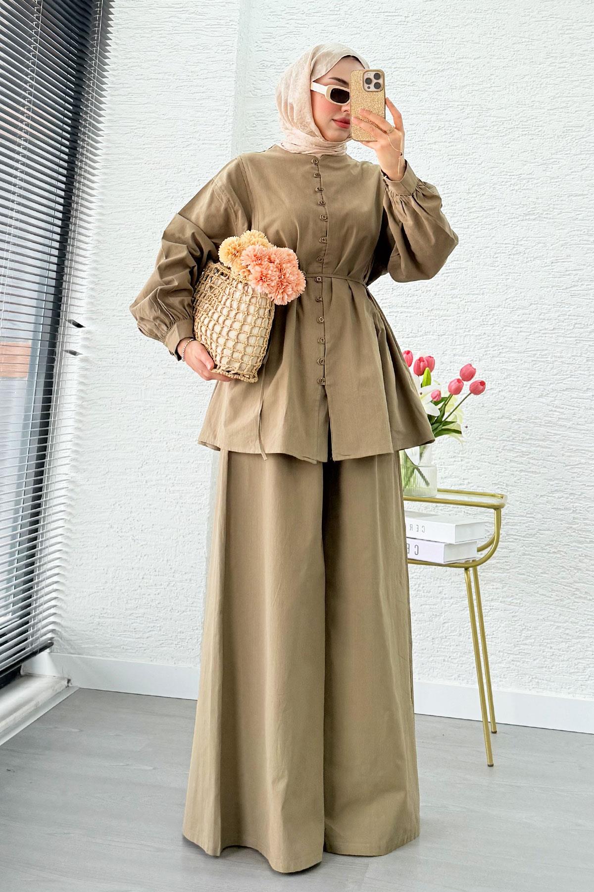 Premium Oversize Birit Düğmeli Keten Takım - Haki 