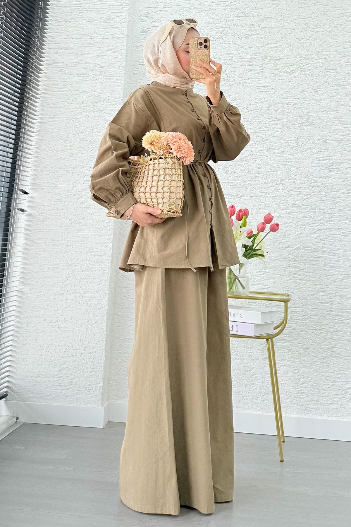 Premium Oversize Birit Düğmeli Keten Takım - Haki 