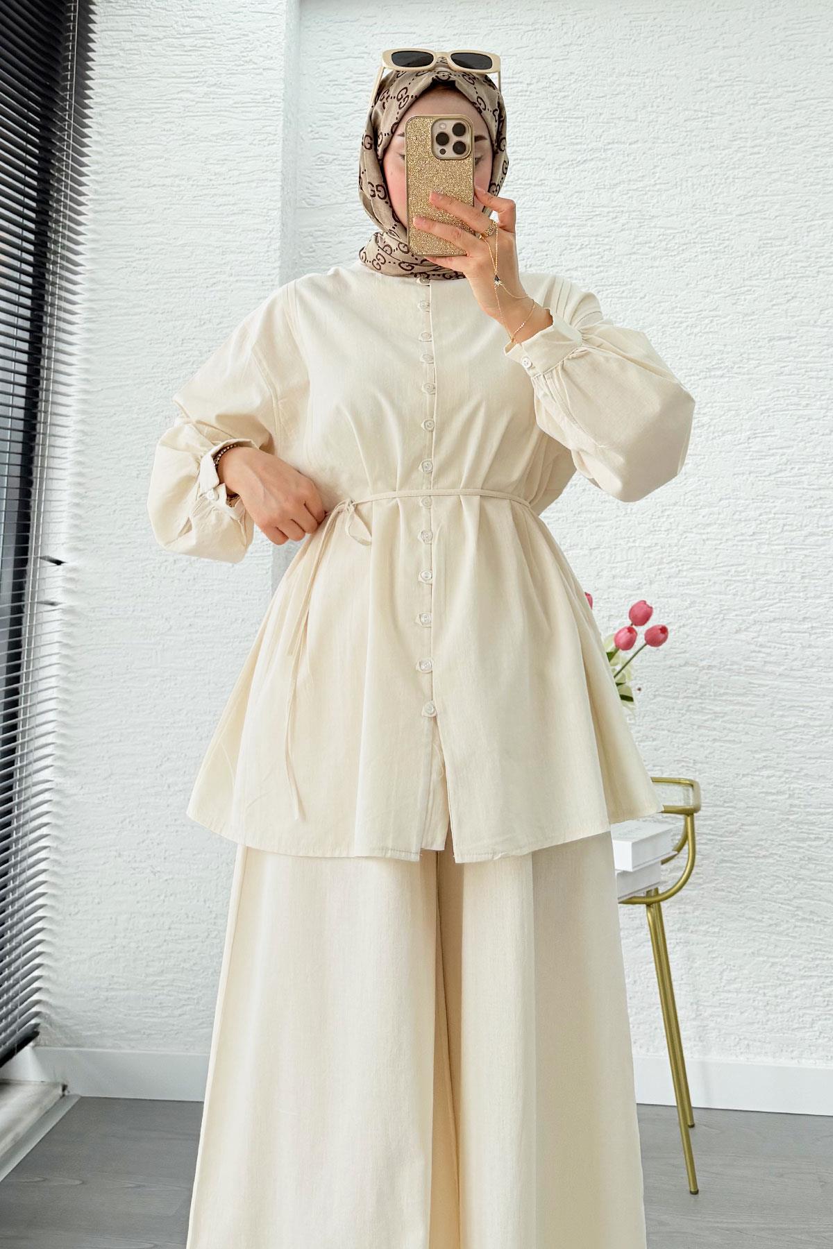 Premium Oversize Birit Düğmeli Keten Takım - Bej