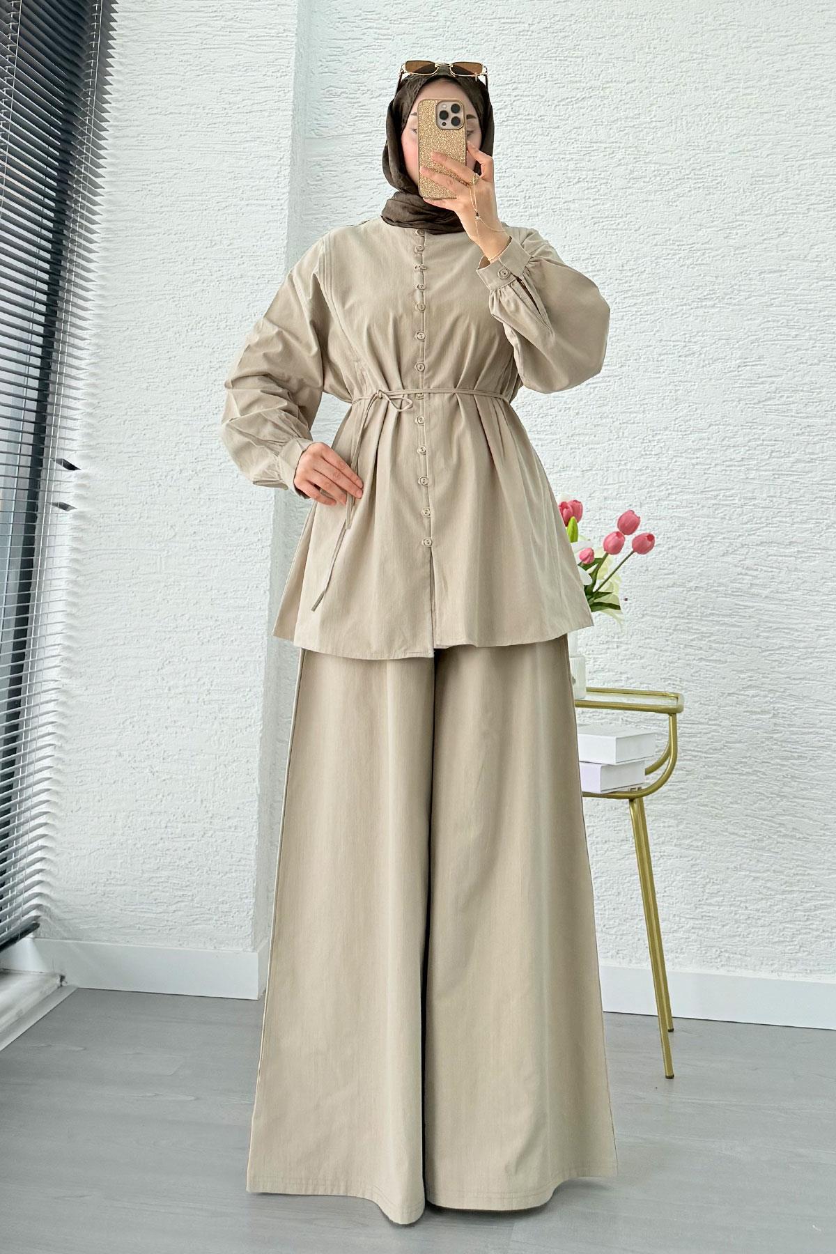 Premium Oversize Birit Düğmeli Keten Takım - Çağla