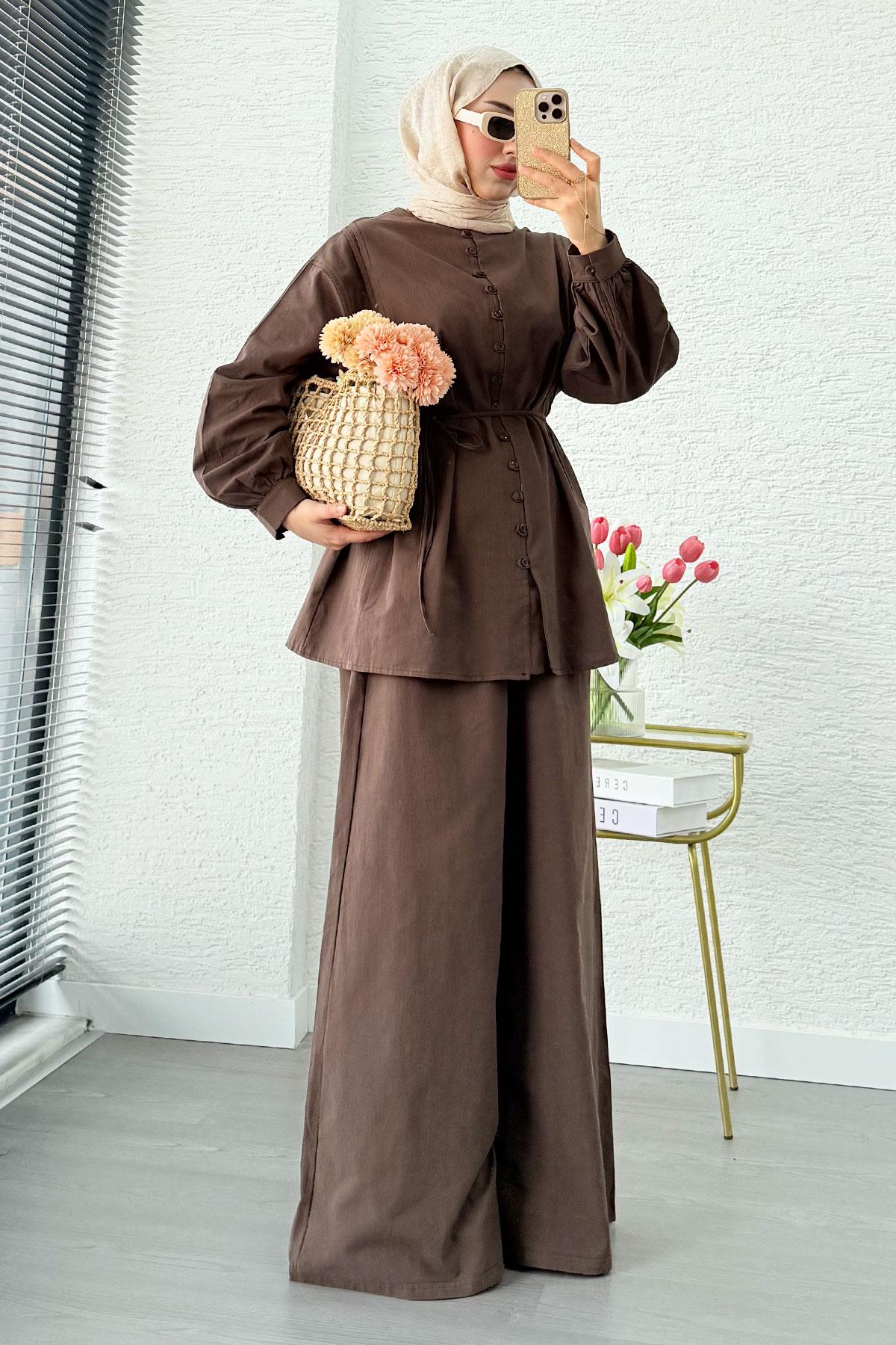 Premium Oversize Birit Düğmeli Keten Takım - Kahverengi