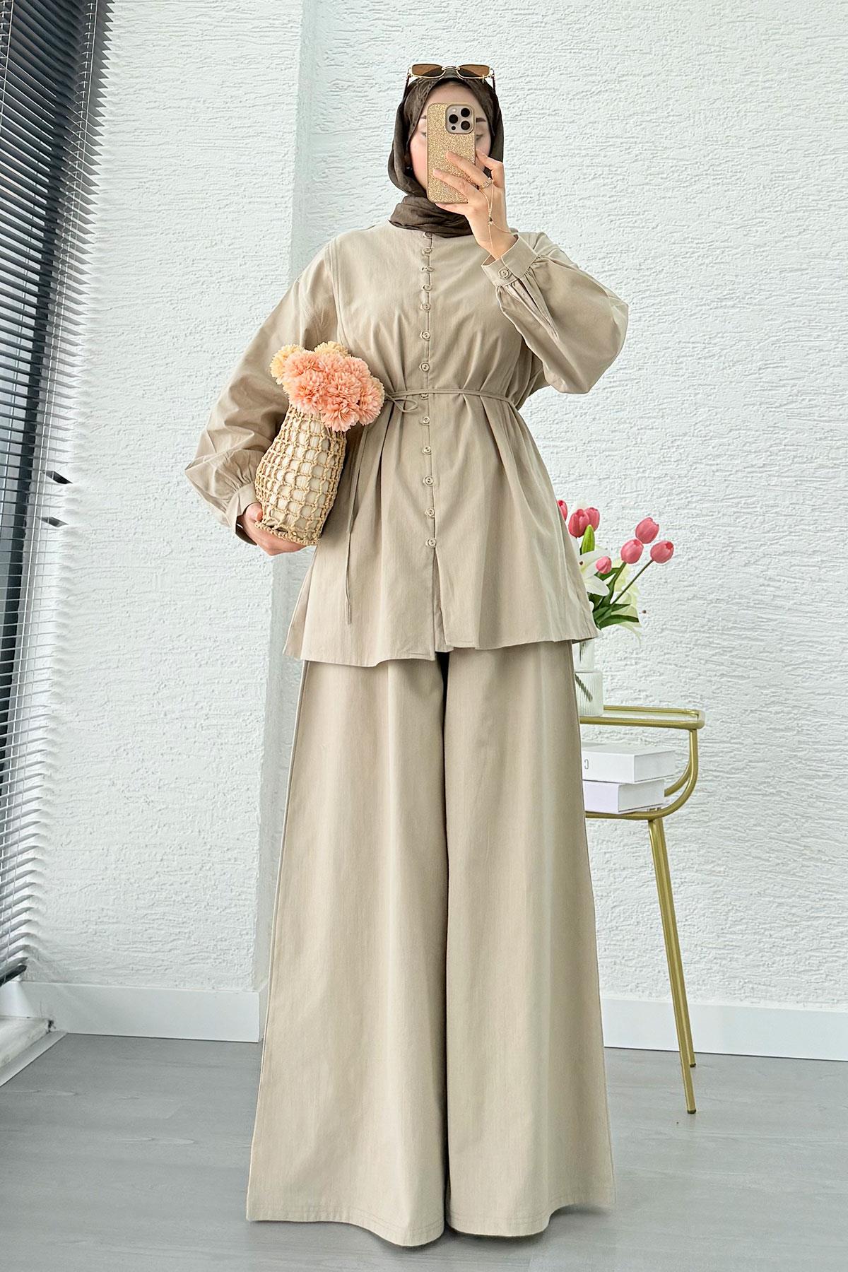 Premium Oversize Birit Düğmeli Keten Takım - Çağla
