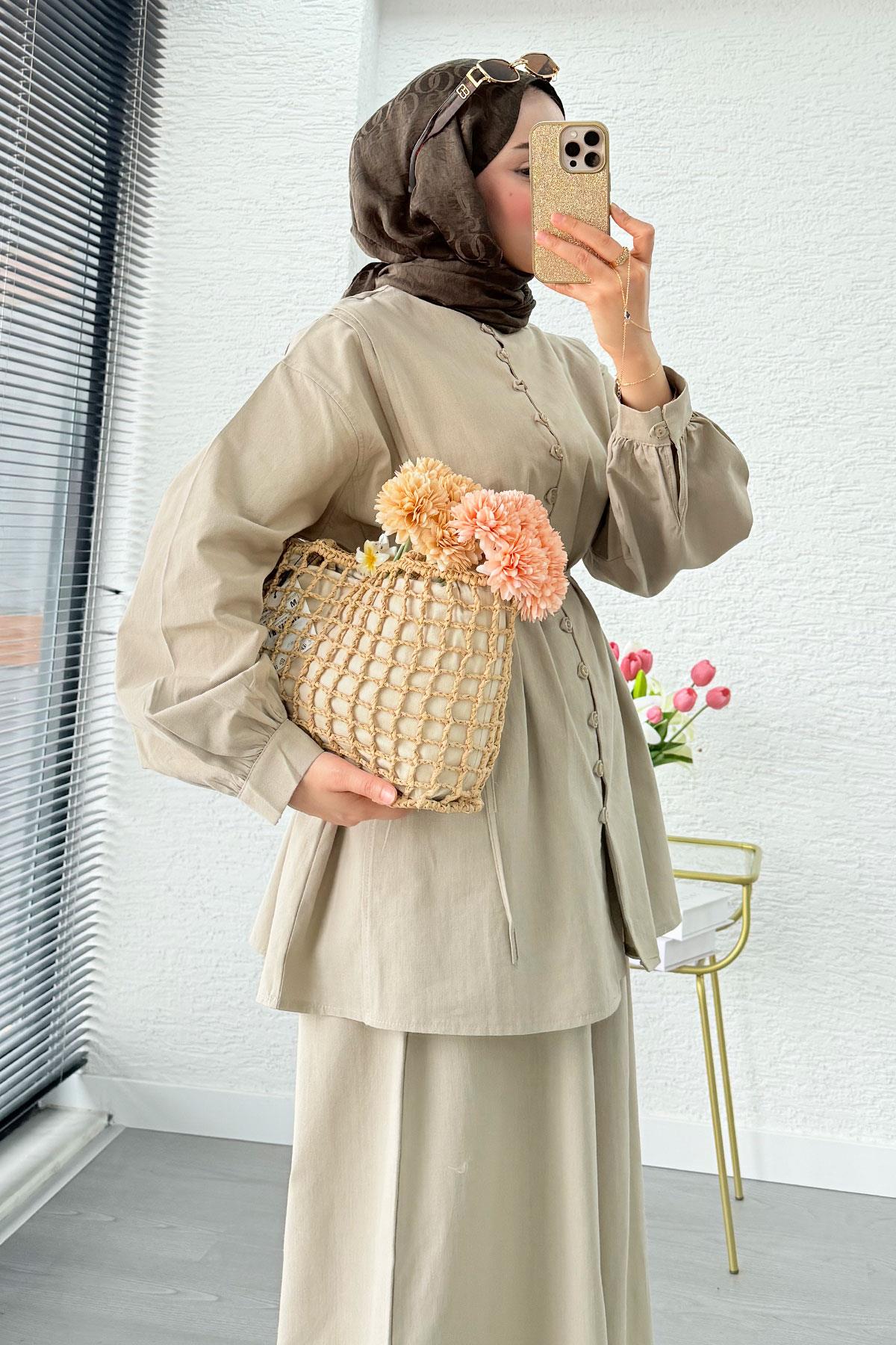 Premium Oversize Birit Düğmeli Keten Takım - Çağla