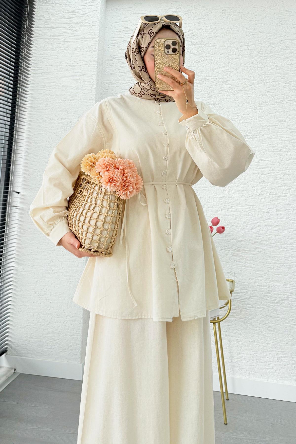 Premium Oversize Birit Düğmeli Keten Takım - Bej