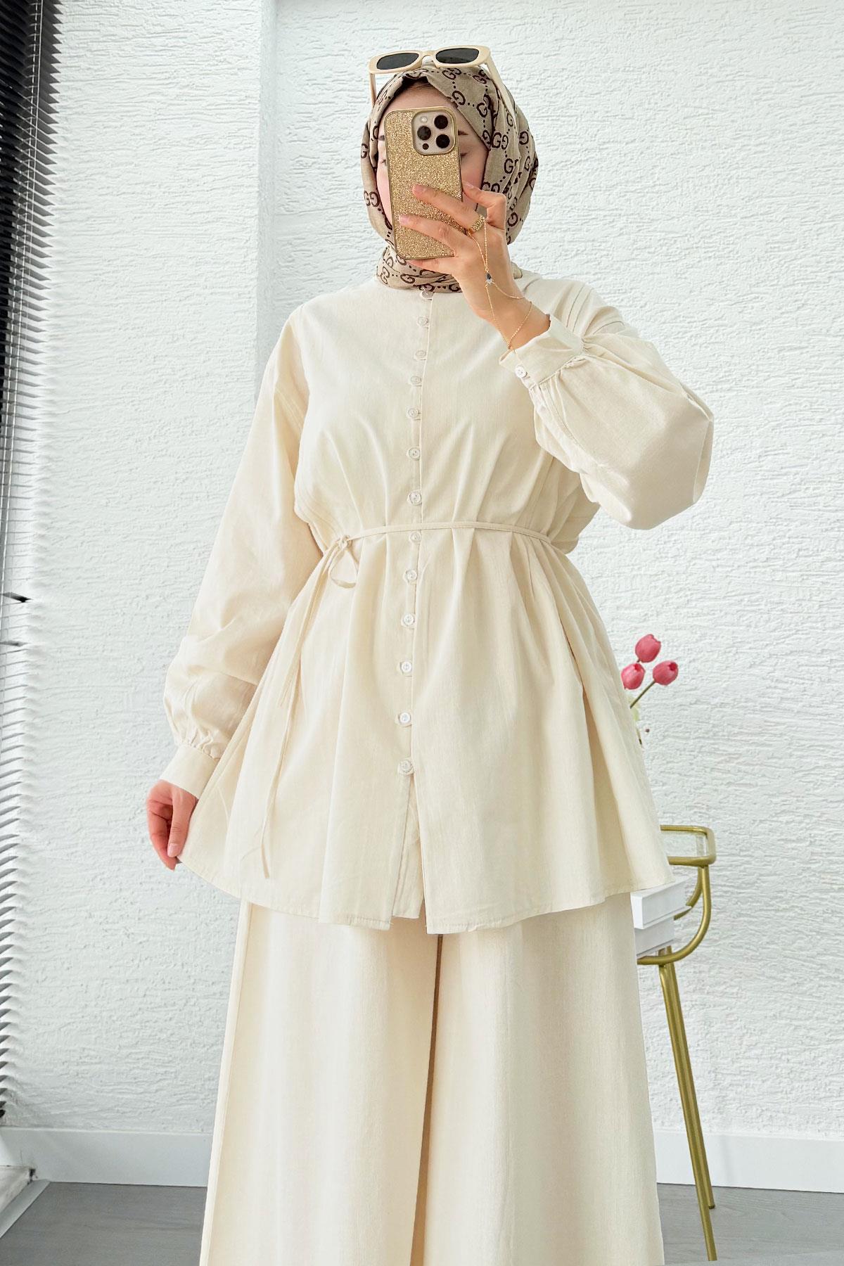 Premium Oversize Birit Düğmeli Keten Takım - Bej