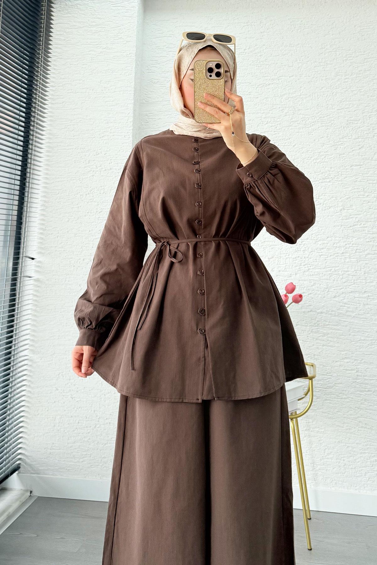 Premium Oversize Birit Düğmeli Keten Takım - Kahverengi